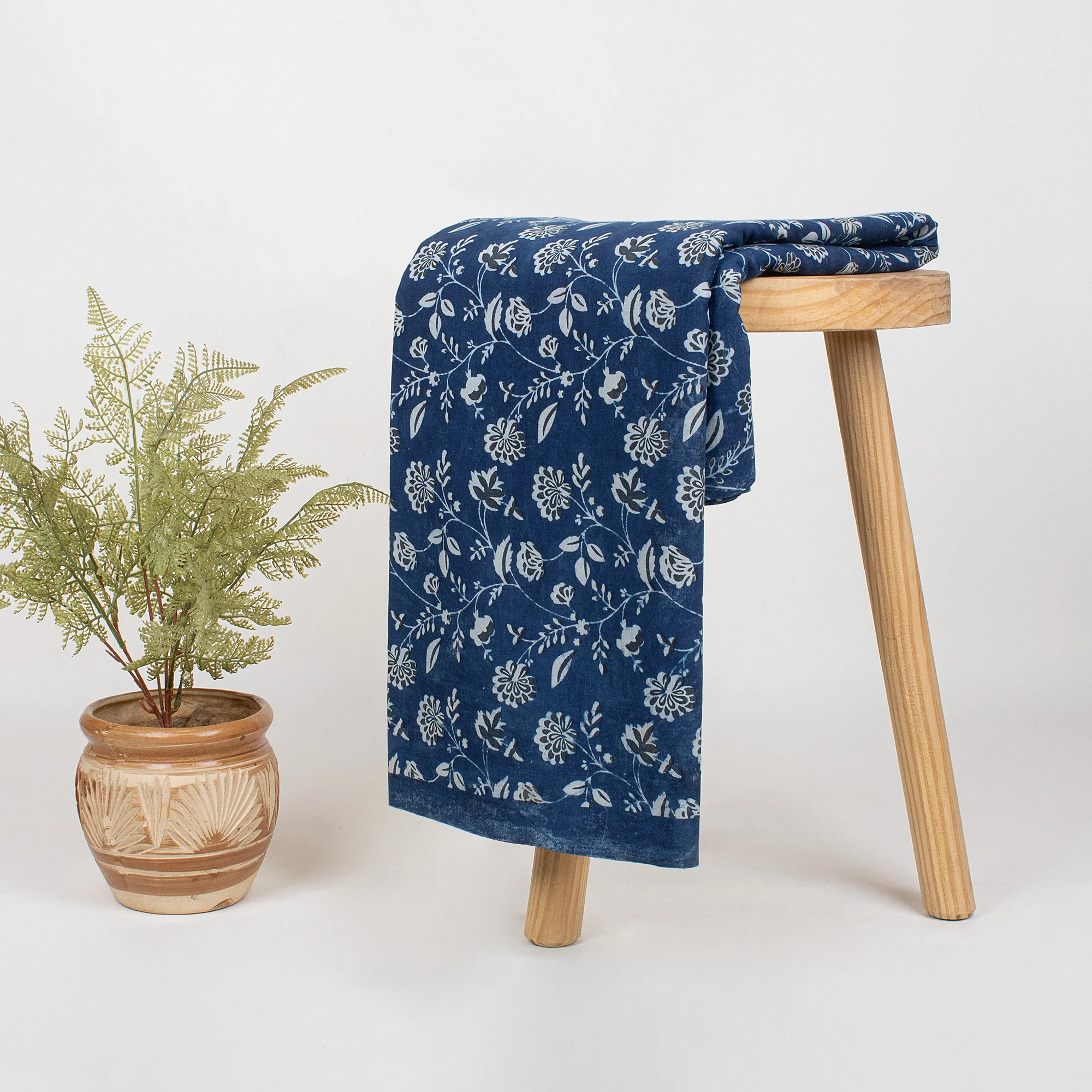 Indian Block Printed Floral Indigo Blue Multipurpose Cotton fabric - Image 4