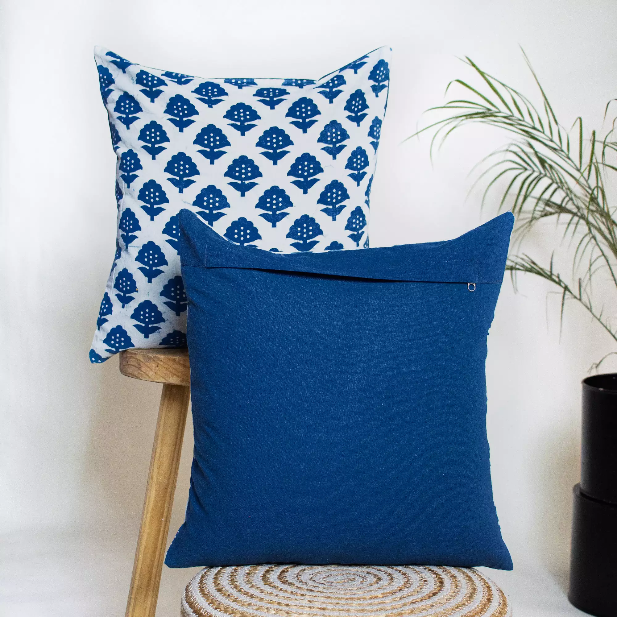 Indigo Floral Hand Block Printed Cotton Cushion Cover - Image 3