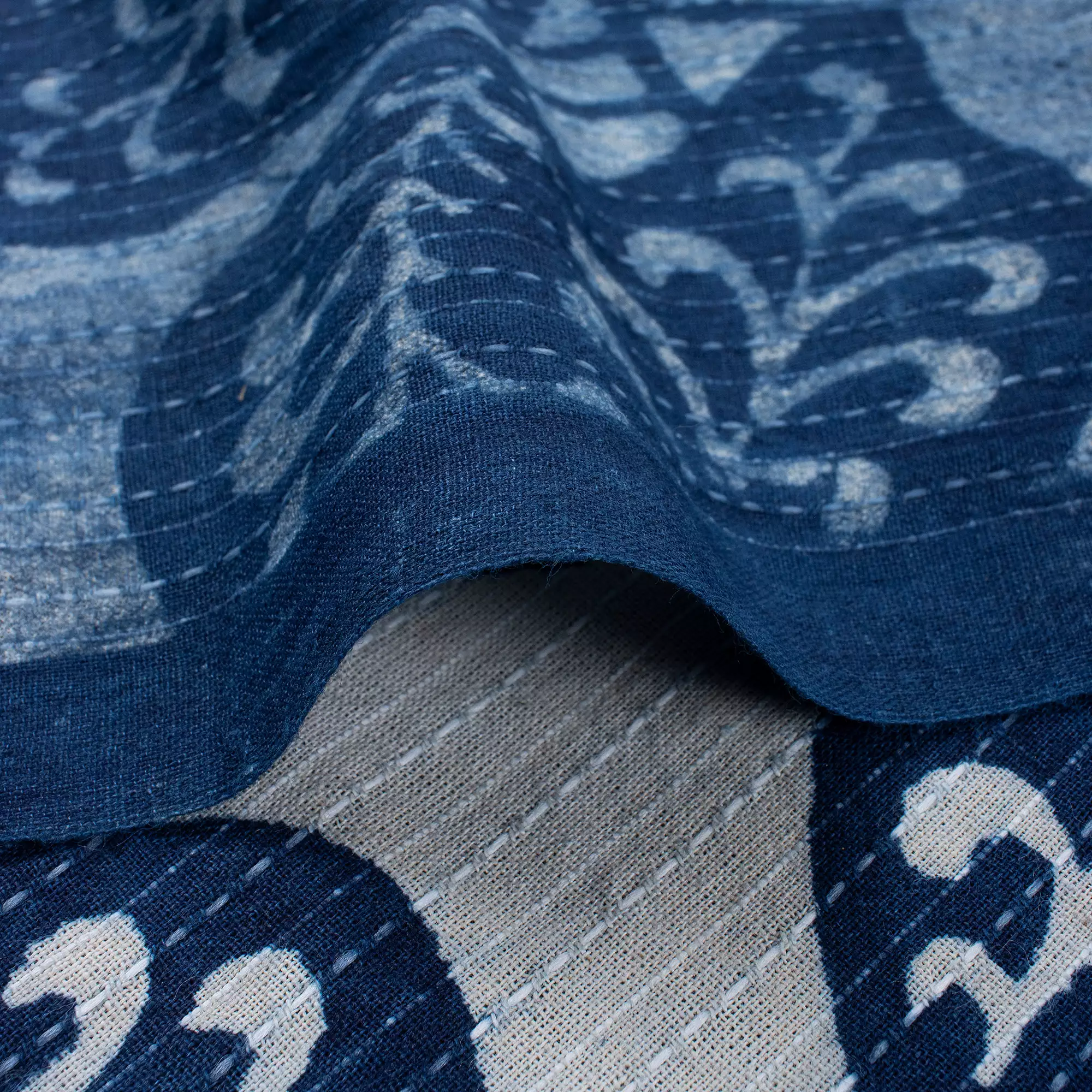 Indigo Hand Block Printed Cotton Kantha Fabric by the Yard - Image 2