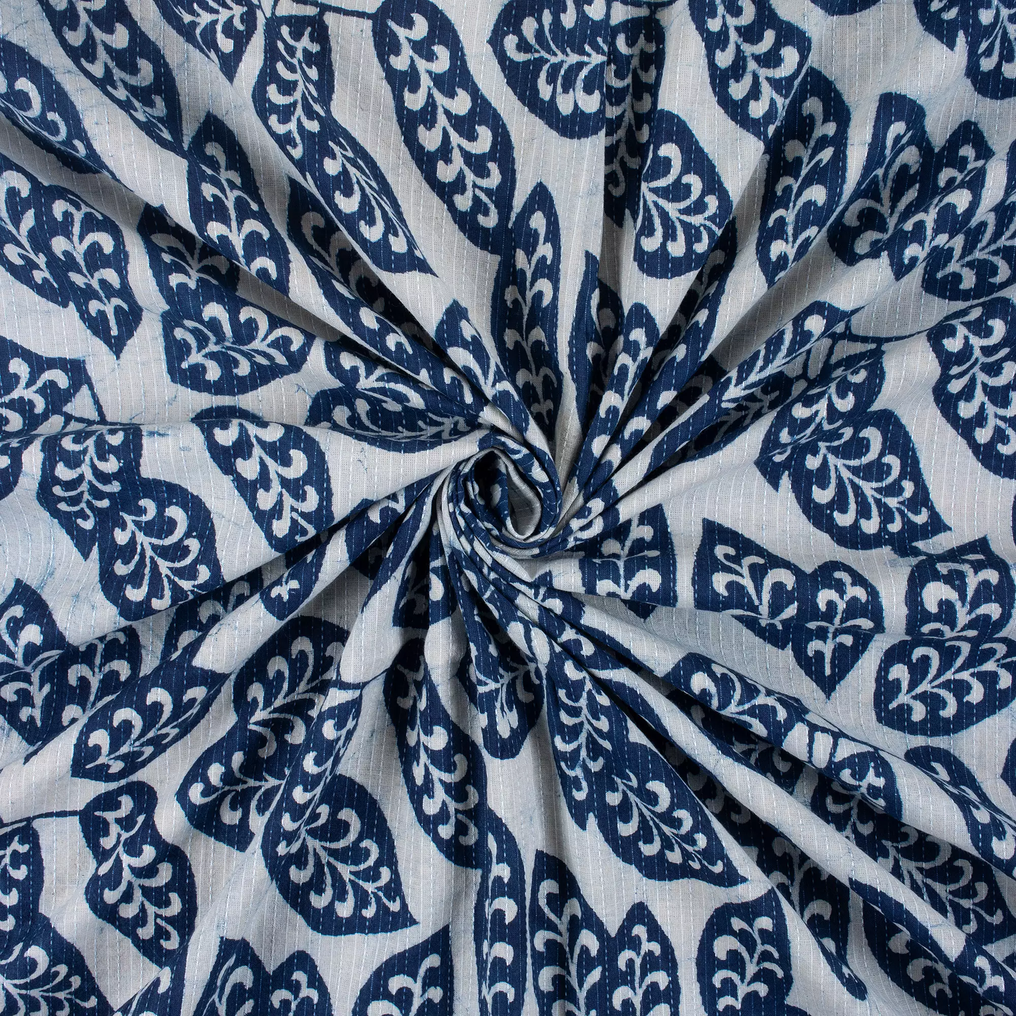 Indigo Hand Block Printed Cotton Kantha Fabric by the Yard - Image 4