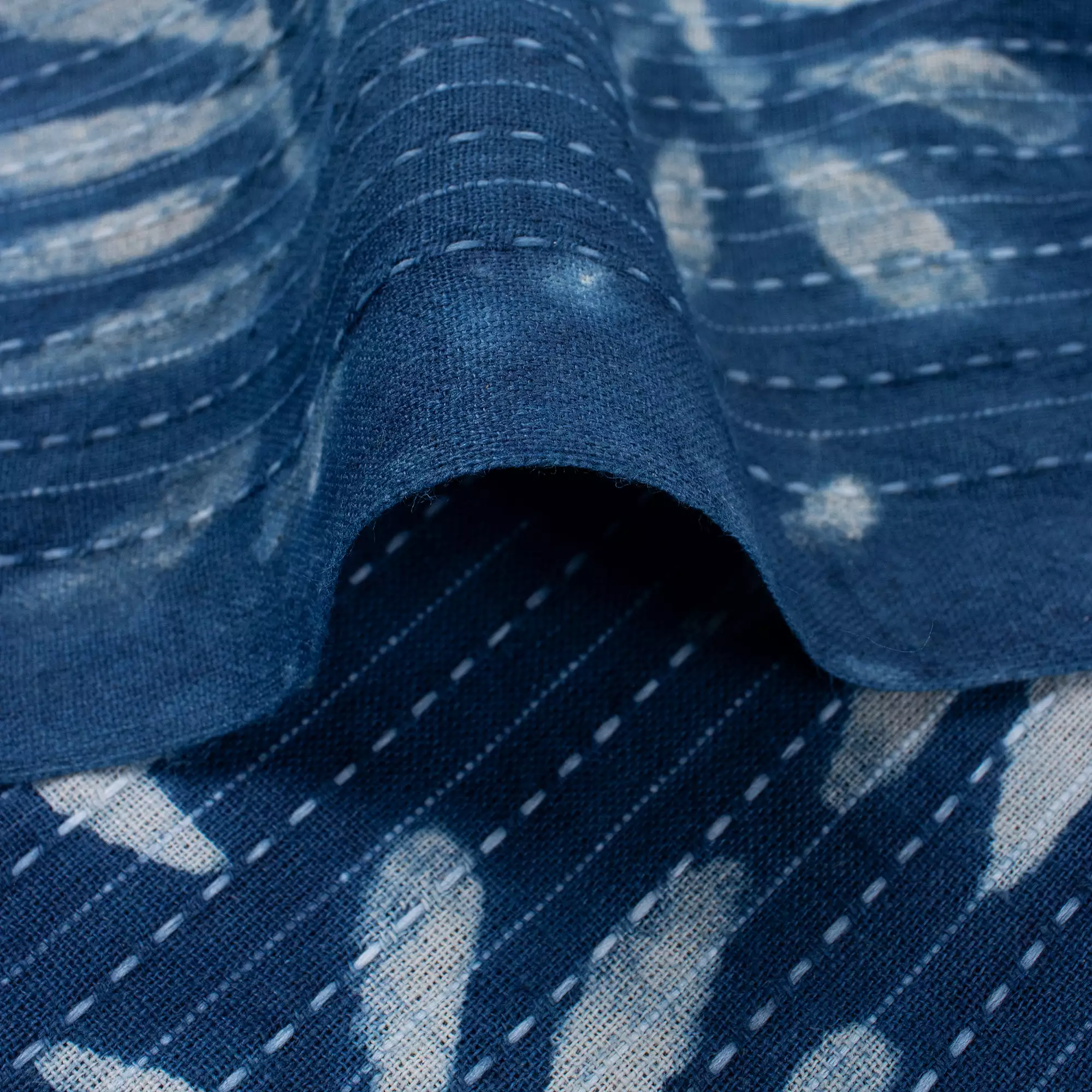 Indigo Leaf Print Cotton Kantha Fabric - Image 2