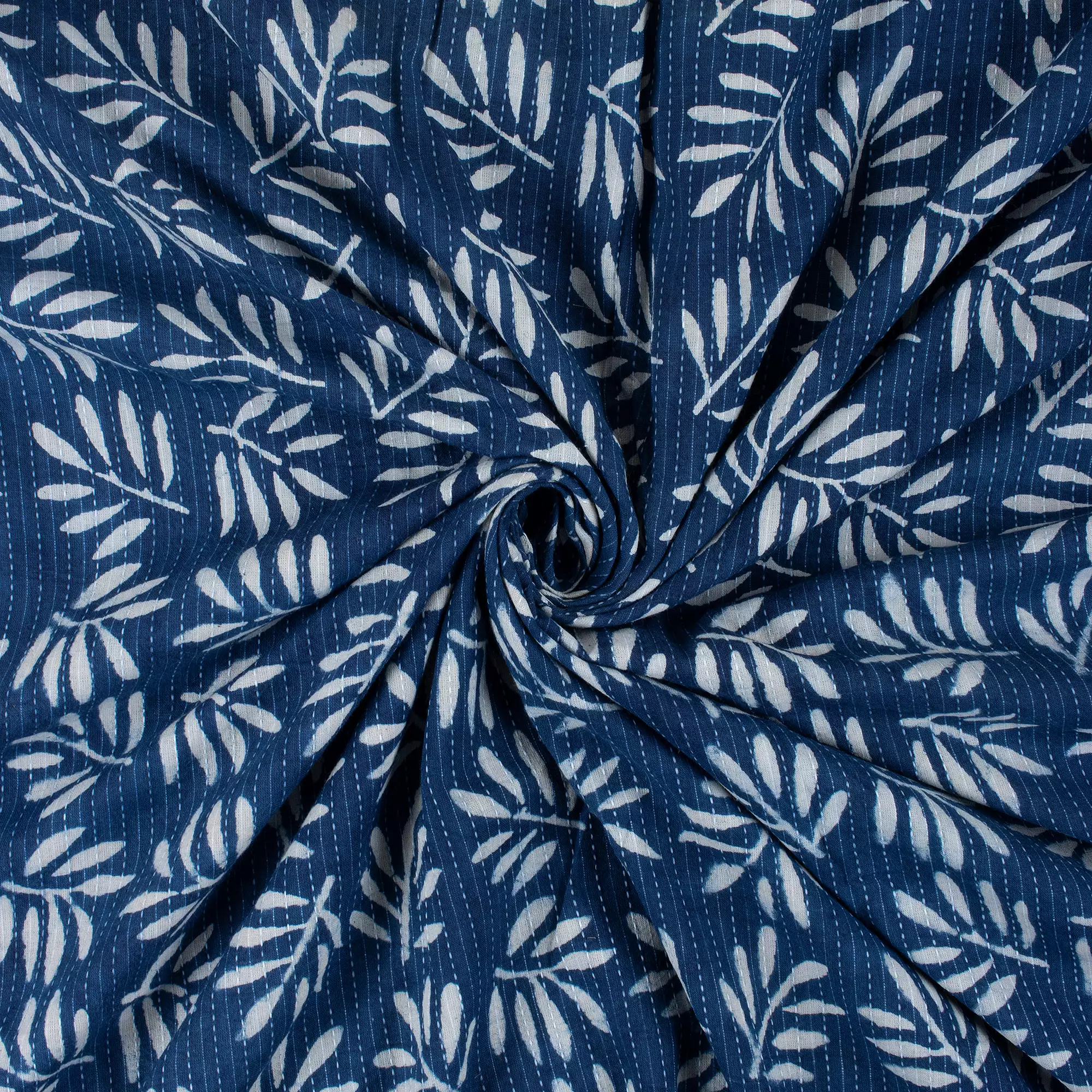 Indigo Leaf Print Cotton Kantha Fabric - Image 4