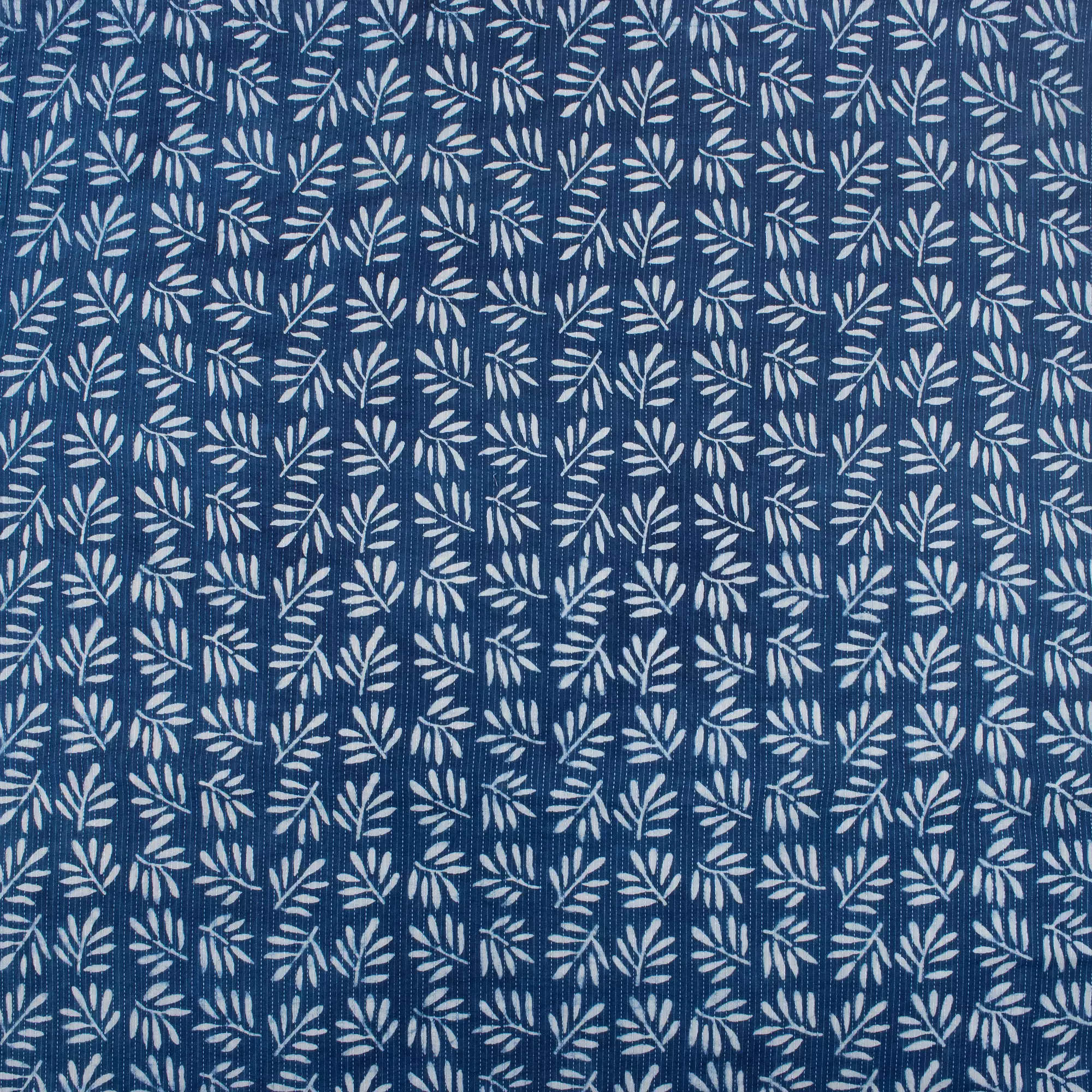 Indigo Leaf Print Cotton Kantha Fabric - Image 5