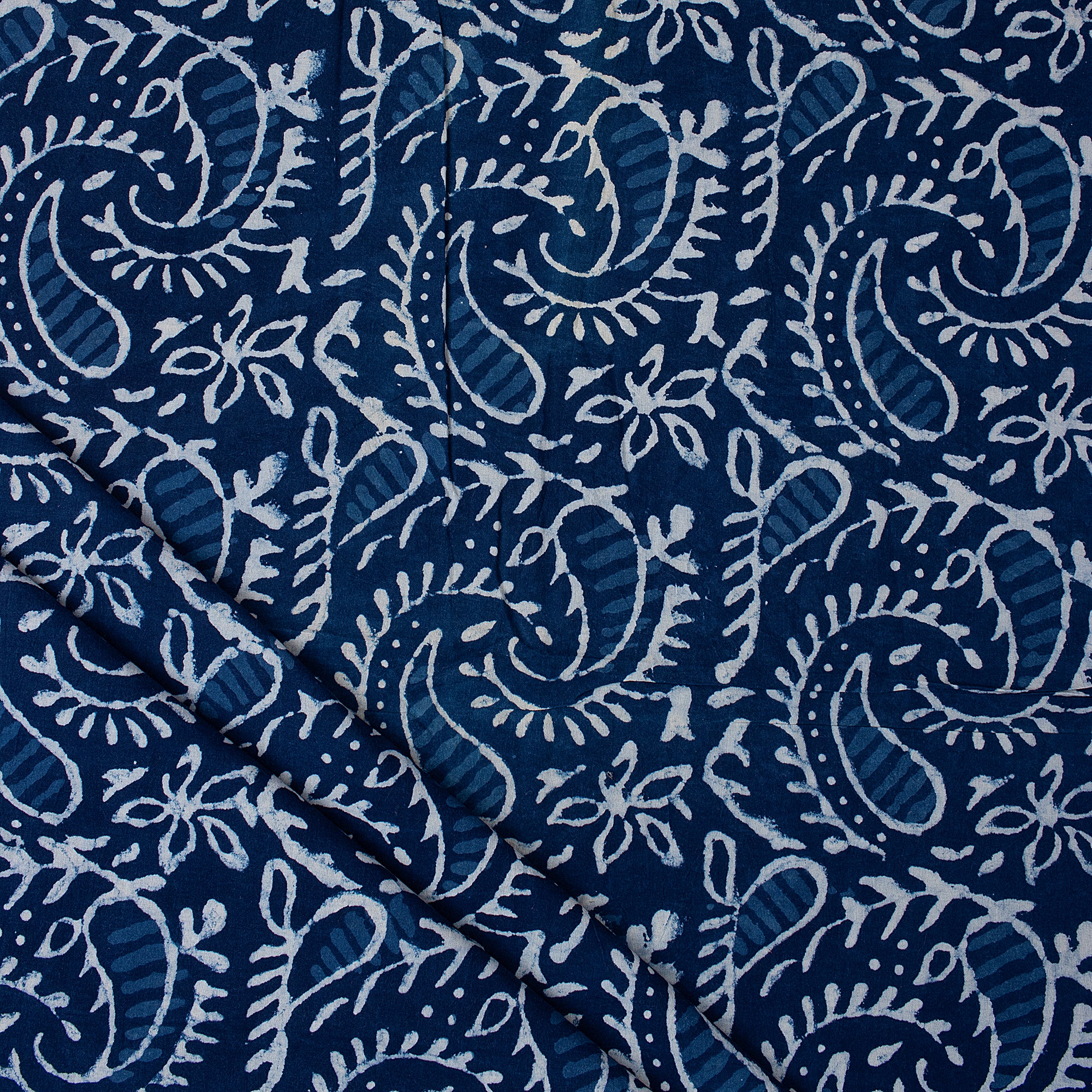 Indigo Blue Paisley Hand Printed Cotton Quilted Fabric - Image 2