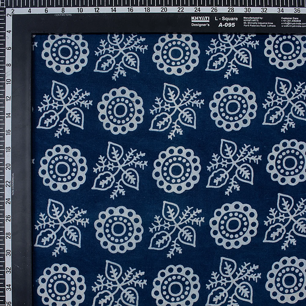 Indian Rangoli Print Indigo Blue Handmade Cotton Fabric By Yard