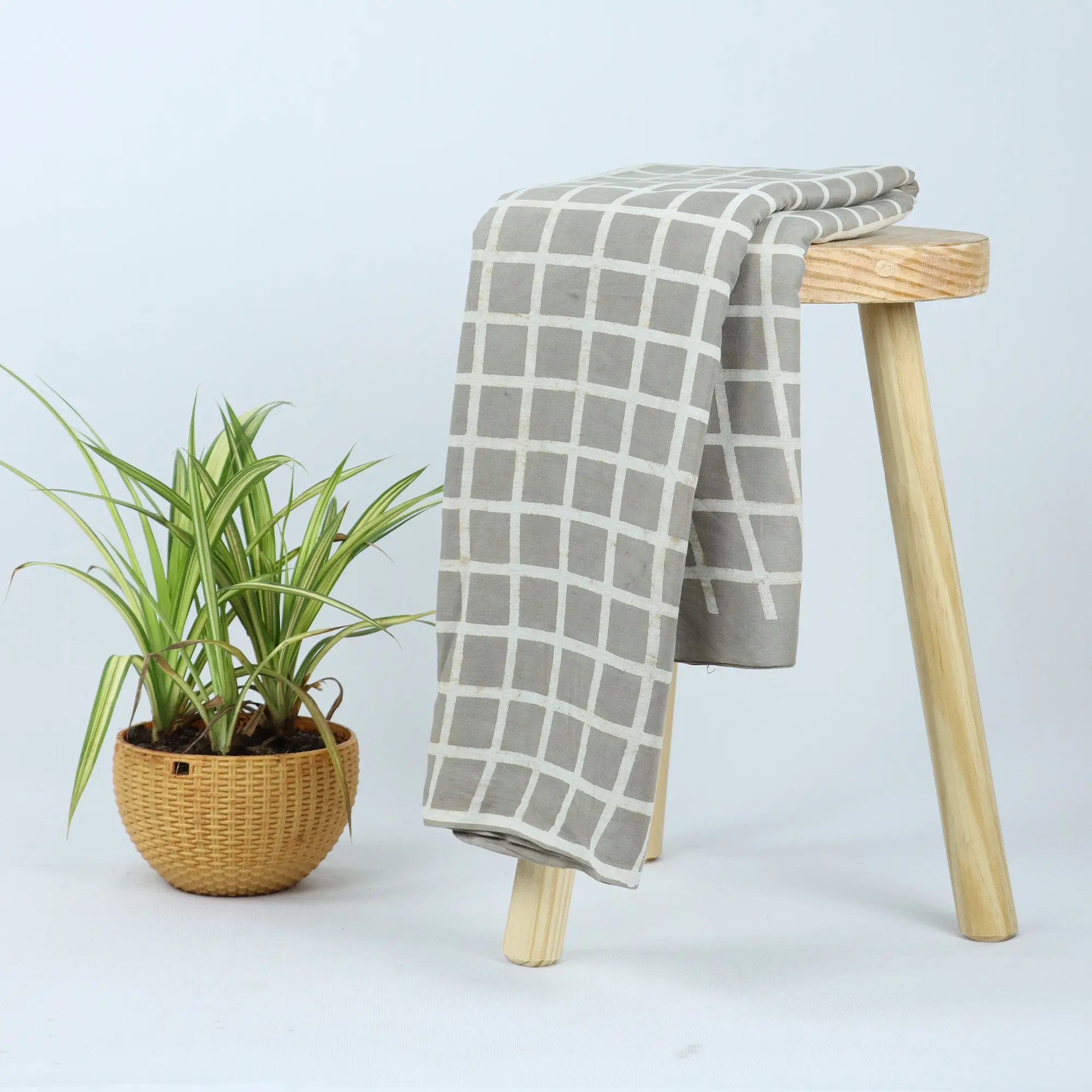 Pure Cotton Geometrical Mud Blocked Indian Gray Checks Fabric