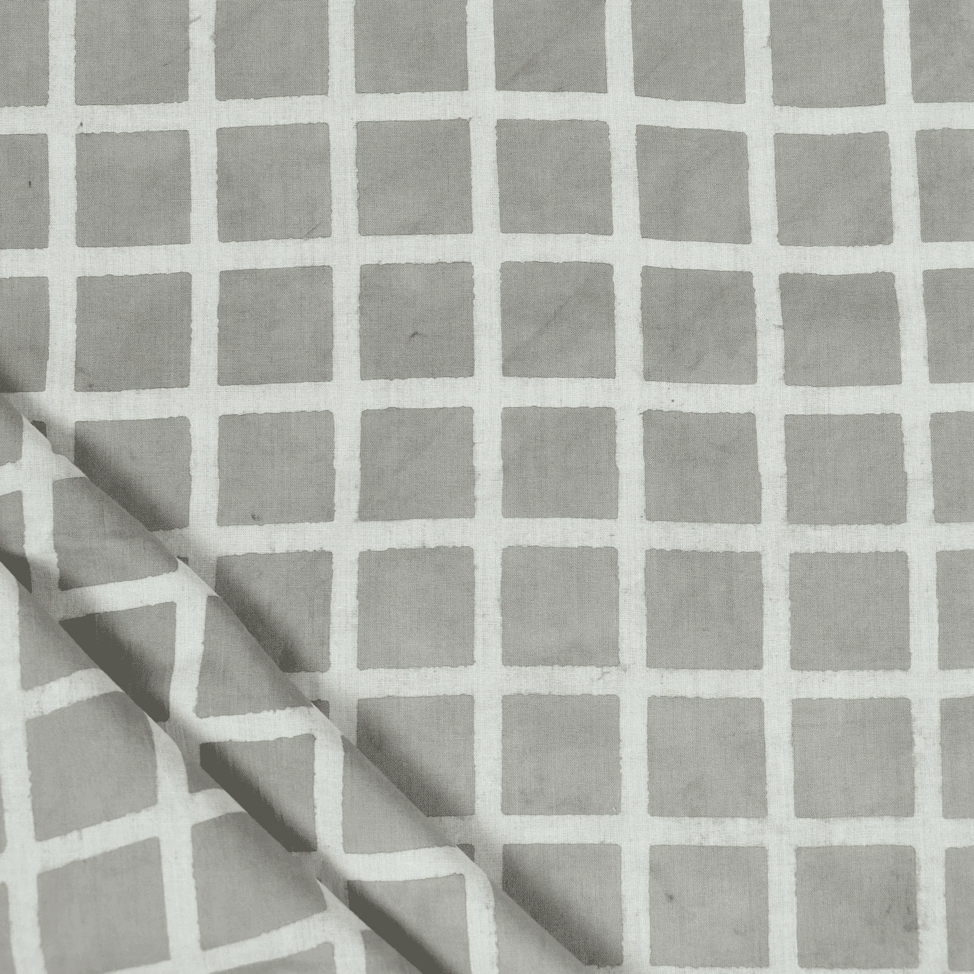 Pure Cotton Geometrical Mud Blocked Indian Gray Checks Fabric - Image 2