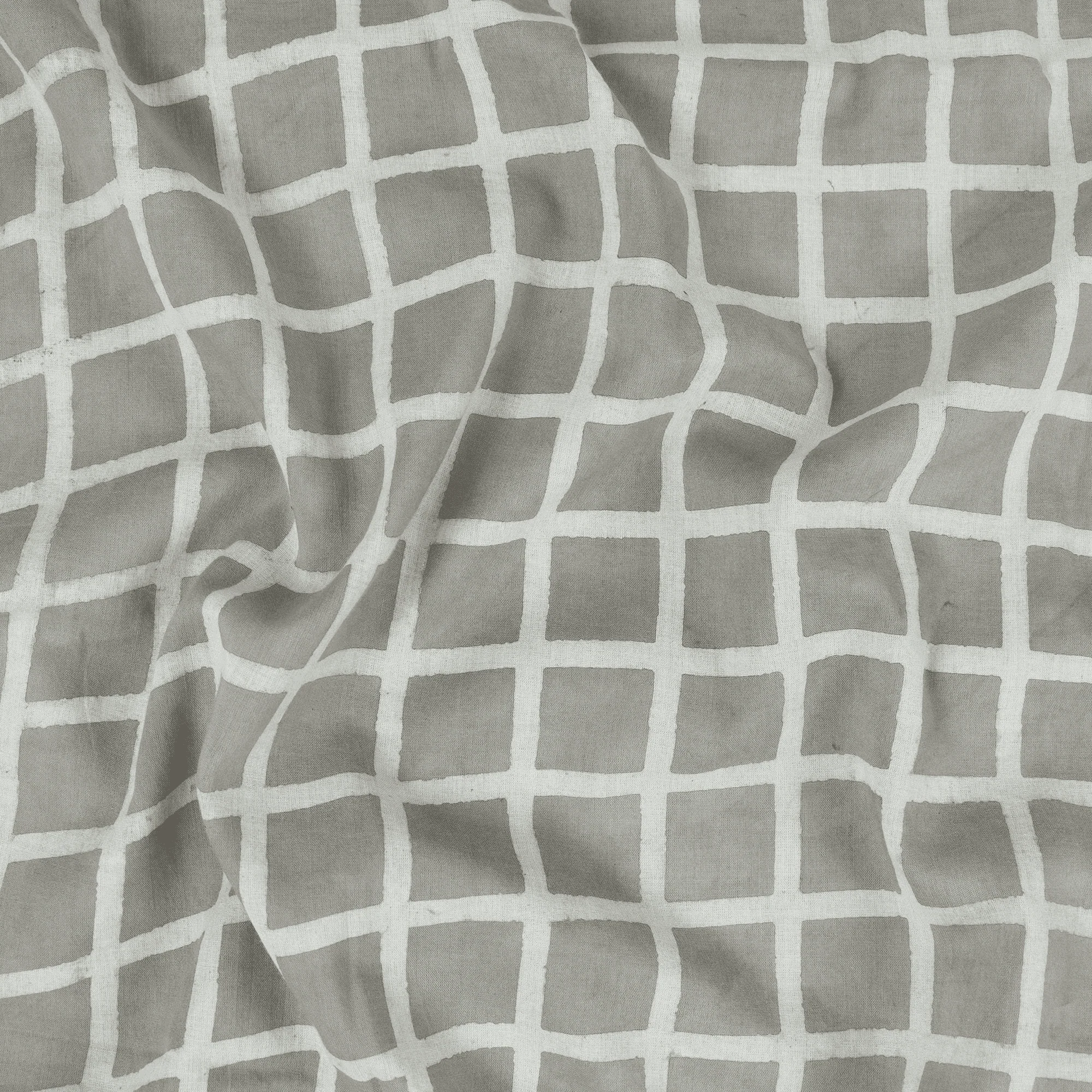 Pure Cotton Geometrical Mud Blocked Indian Gray Checks Fabric - Image 4