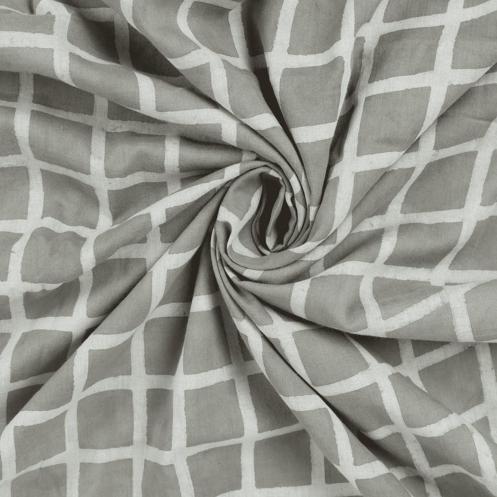 Pure Cotton Geometrical Mud Blocked Indian Gray Checks Fabric - Image 5