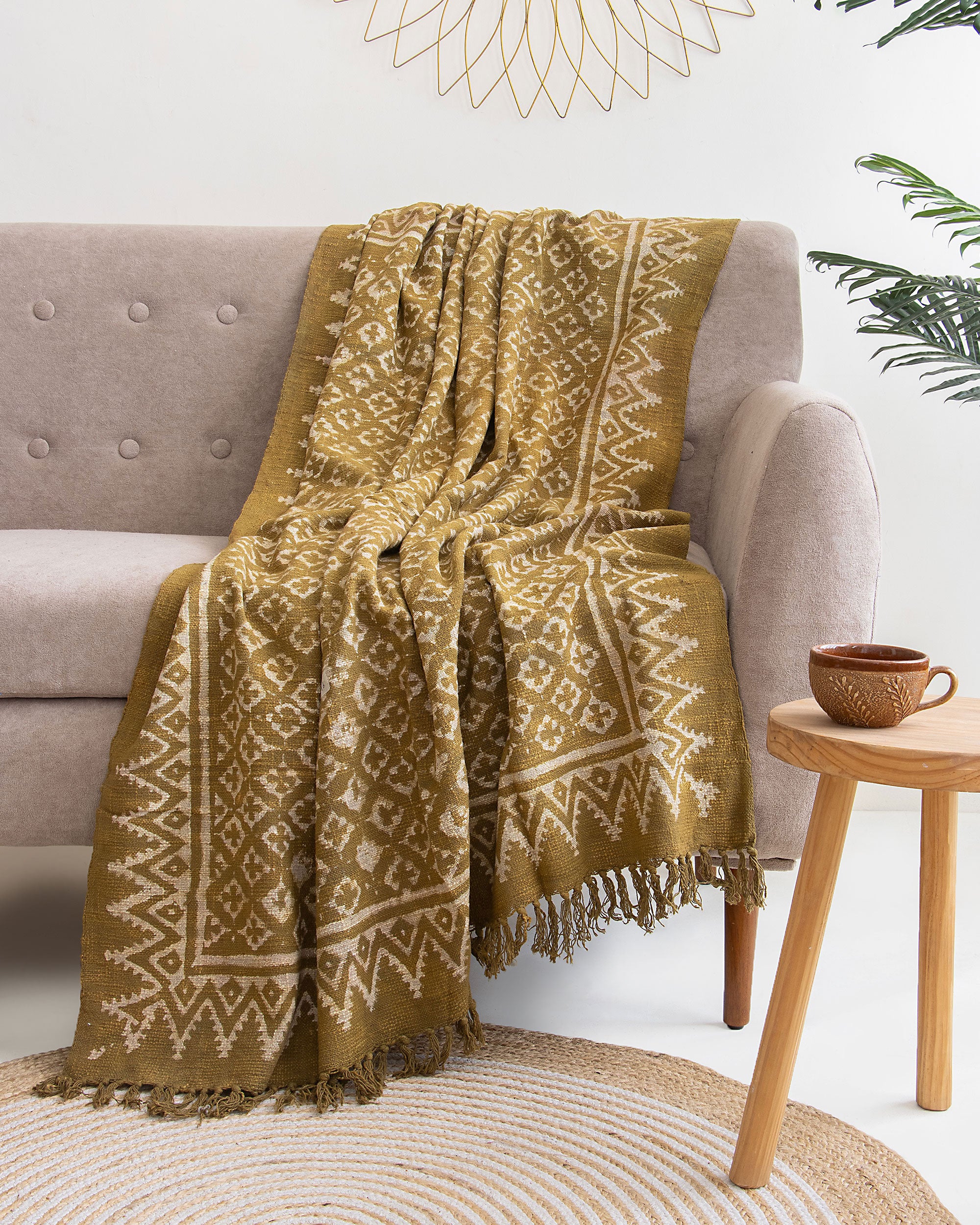Organic Handmade Block Printed Cotton Yellow Throw Blanket for Bedroom