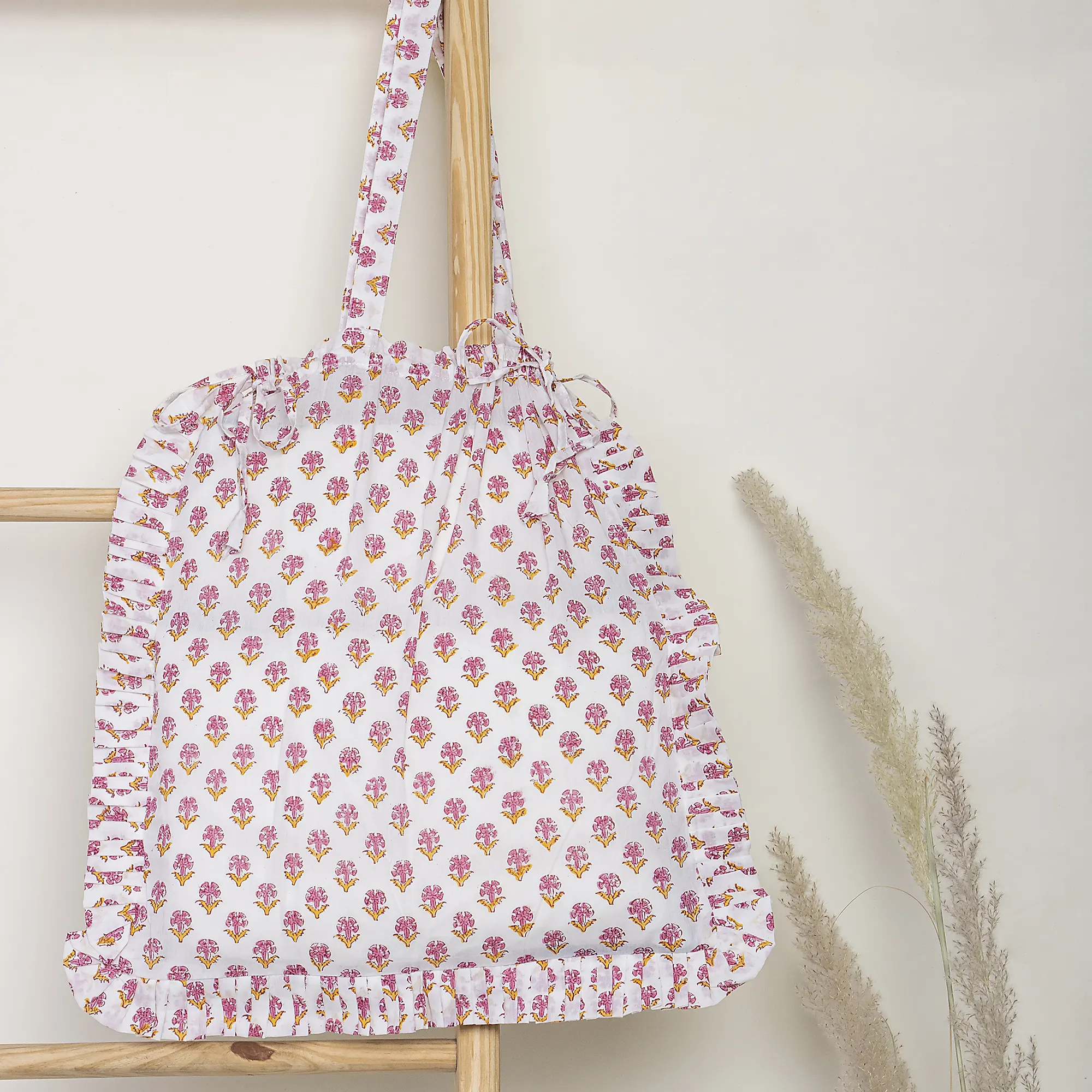 Pink Booty Indian Hand Blocked Pure Cotton Ruffle Travel Tote Bag for Girls - Image 3