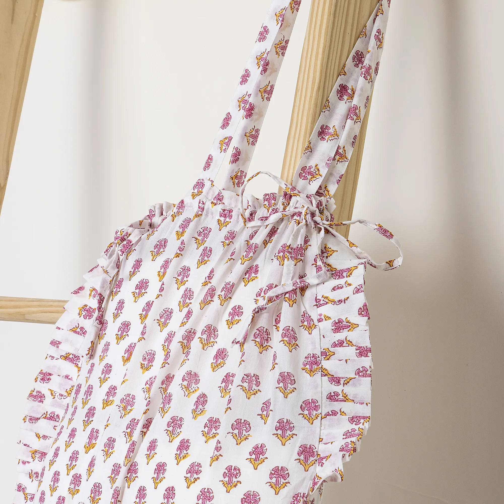 Pink Booty Indian Hand Blocked Pure Cotton Ruffle Travel Tote Bag for Girls - Image 4