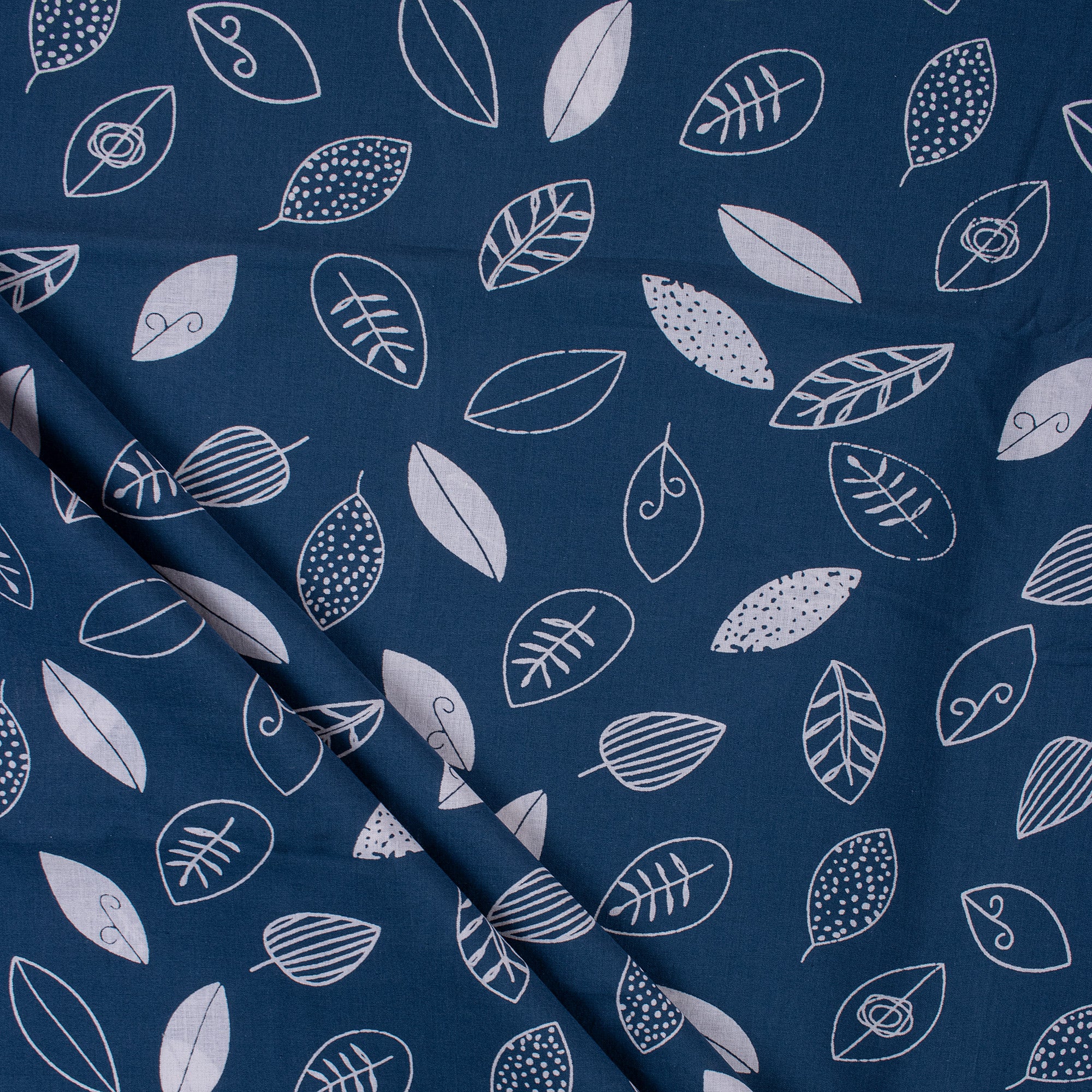 Hand Blocked Indigo Blue Leaf Print Cotton Textile Fabric