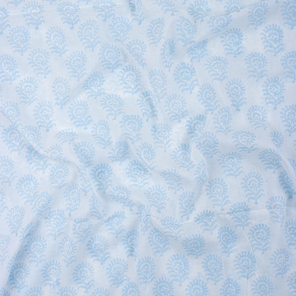 Light Blue Floral Hand Block Printed Cotton Fabric - Image 2