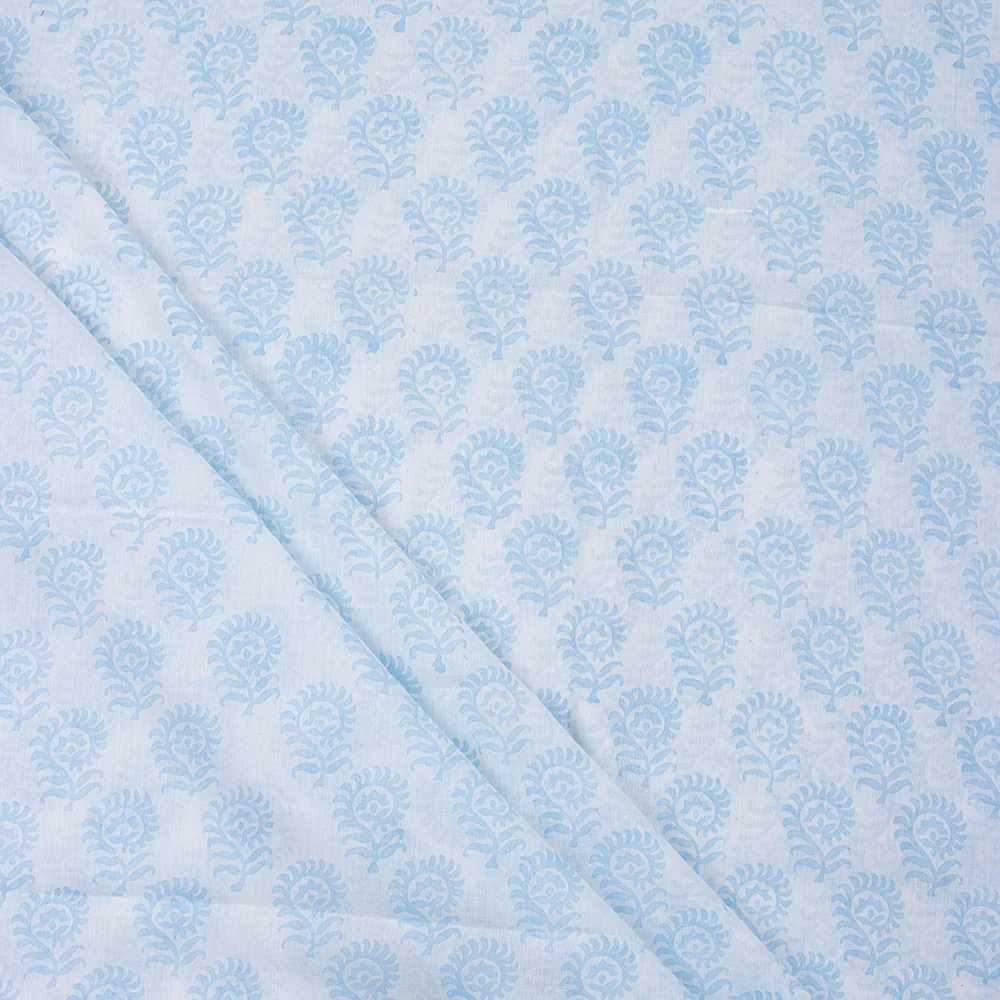 Light Blue Floral Hand Block Printed Cotton Fabric - Image 5