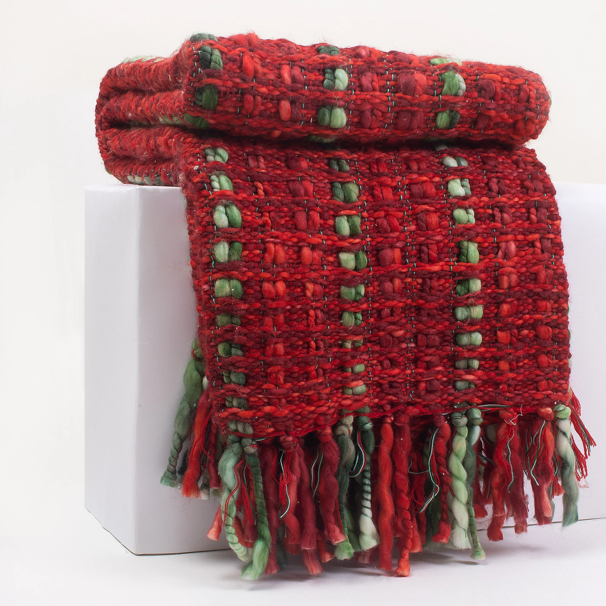 Red Handmade Cotton Sofa Acrylic Throws Blanket - Image 6