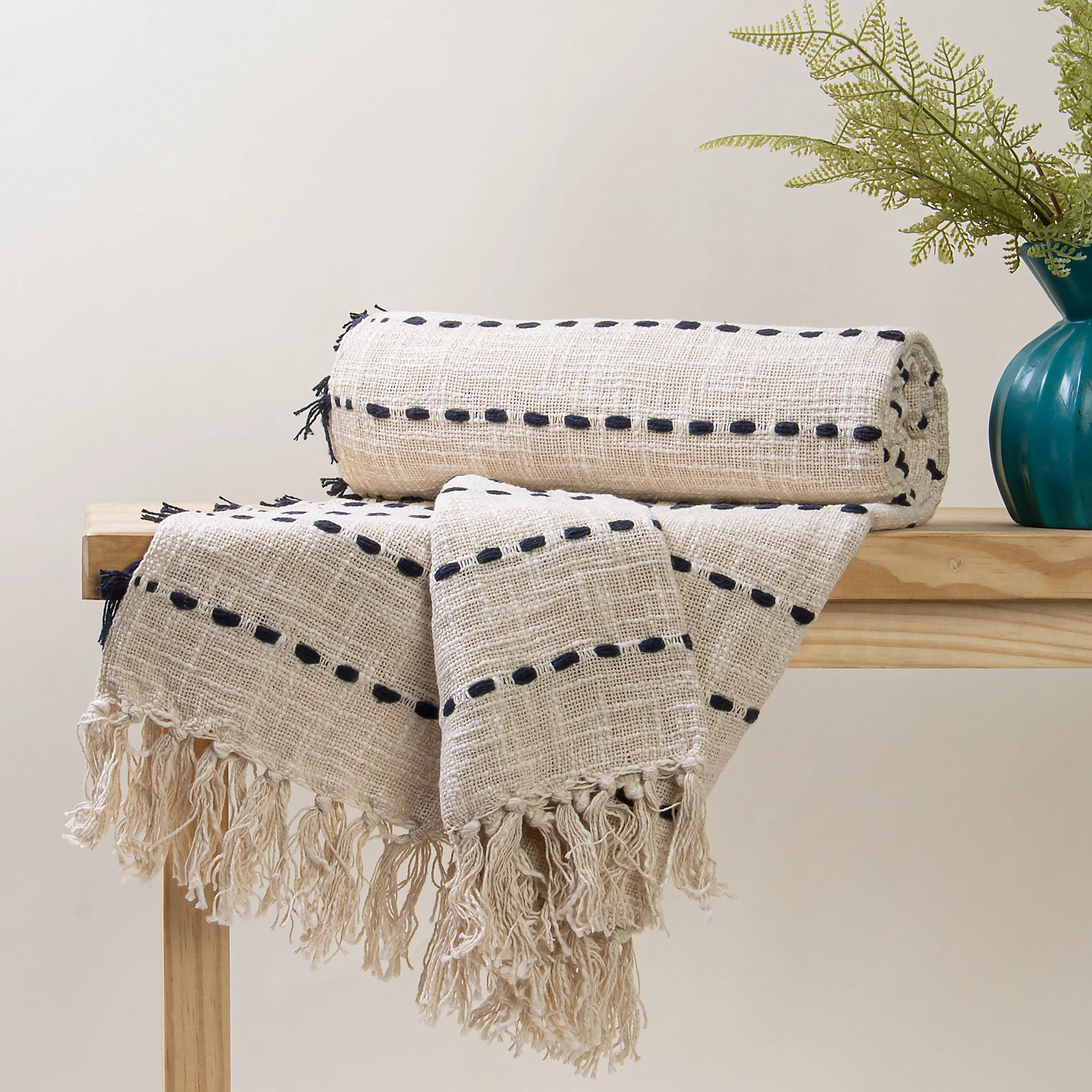 Striped Indian Handmade Pure Cotton Woven Throw Blanket for Sofa - Image 2