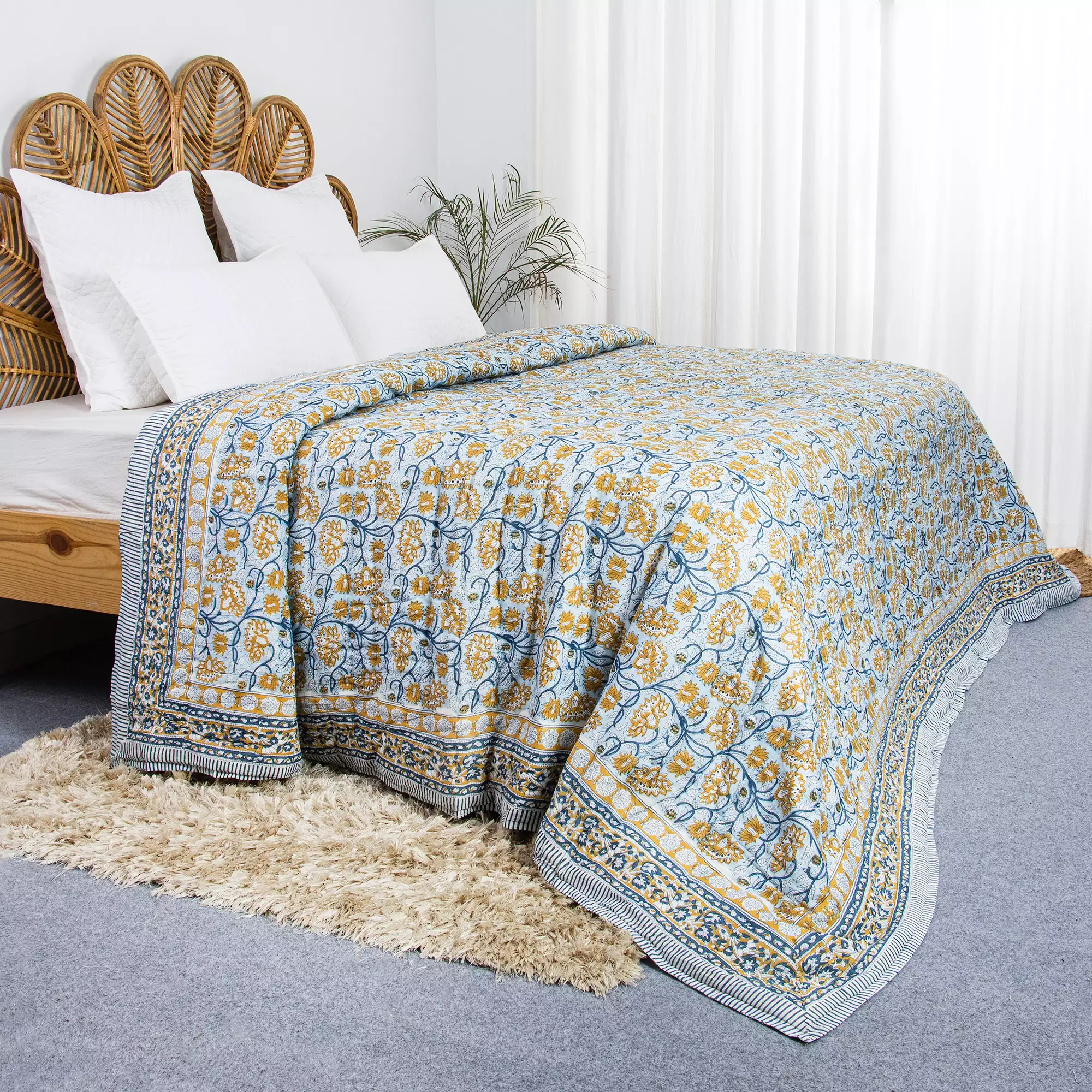 Multi Floral Reversible Hand Block Printed Cotton Jaipuri Razai
