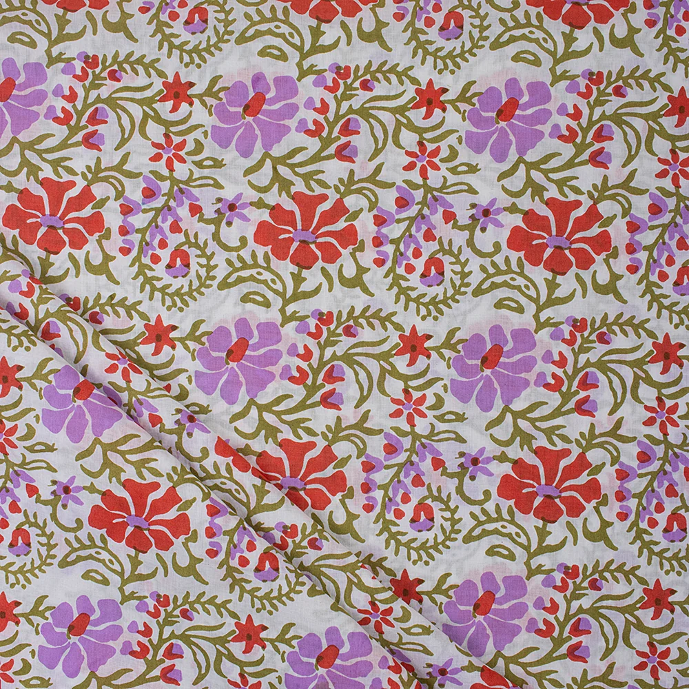 Multicolor Floral Hand Block Printed Organic Cotton Fabric - Image 2