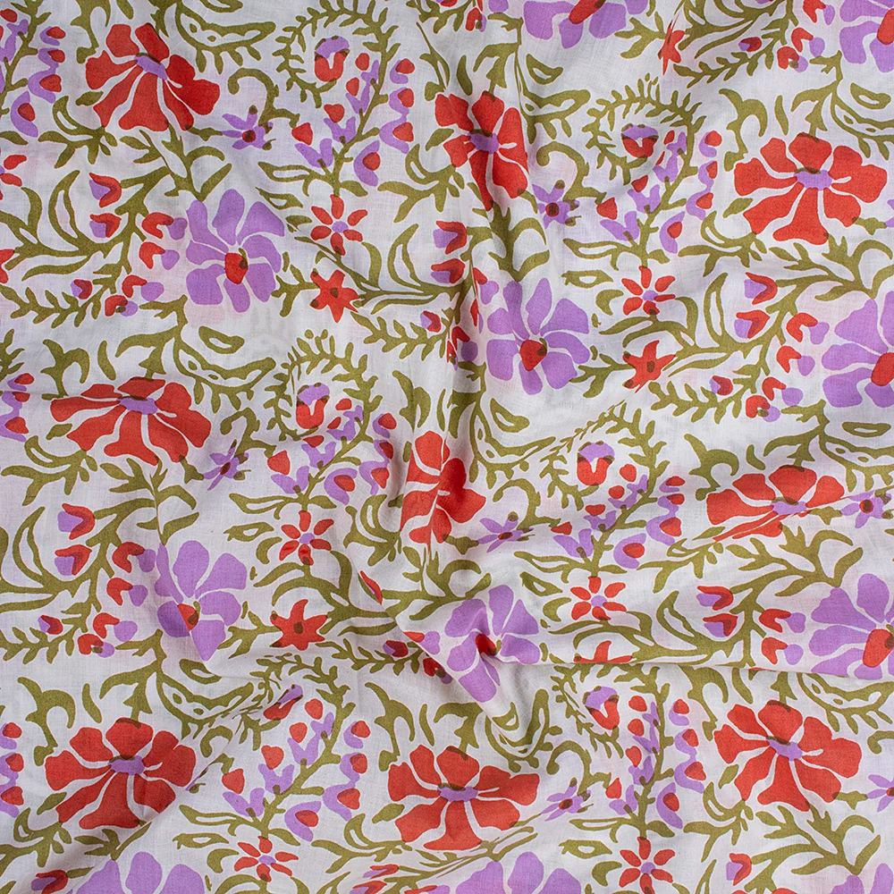 Multicolor Floral Hand Block Printed Organic Cotton Fabric - Image 4