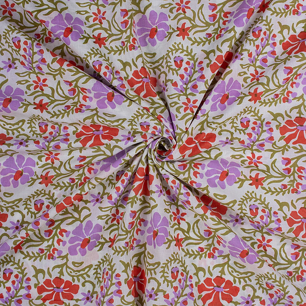 Multicolor Floral Hand Block Printed Organic Cotton Fabric - Image 5