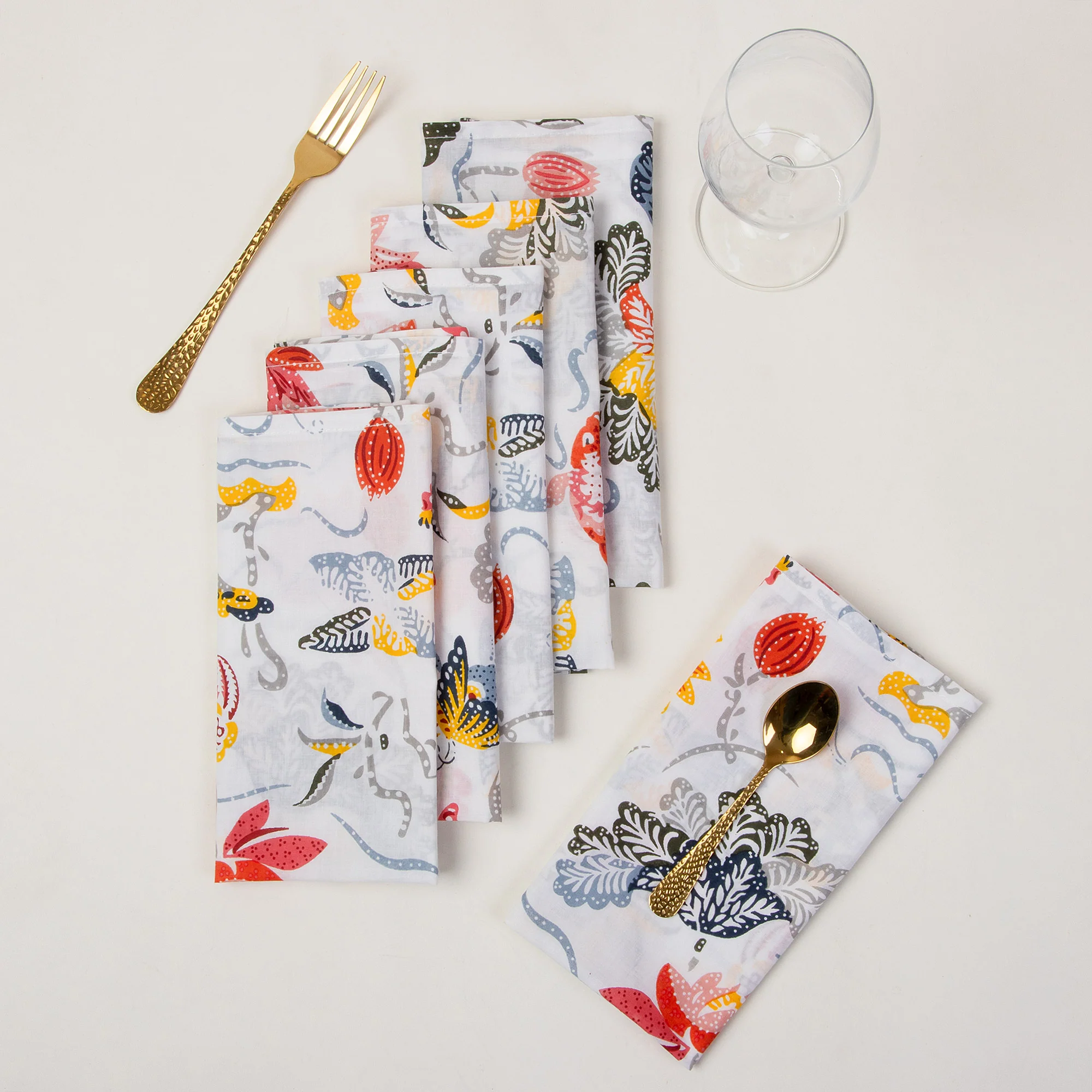 Multicolor Floral Indian Natural Pure Cotton Block Printed Table Napkin Cloth - Image 4