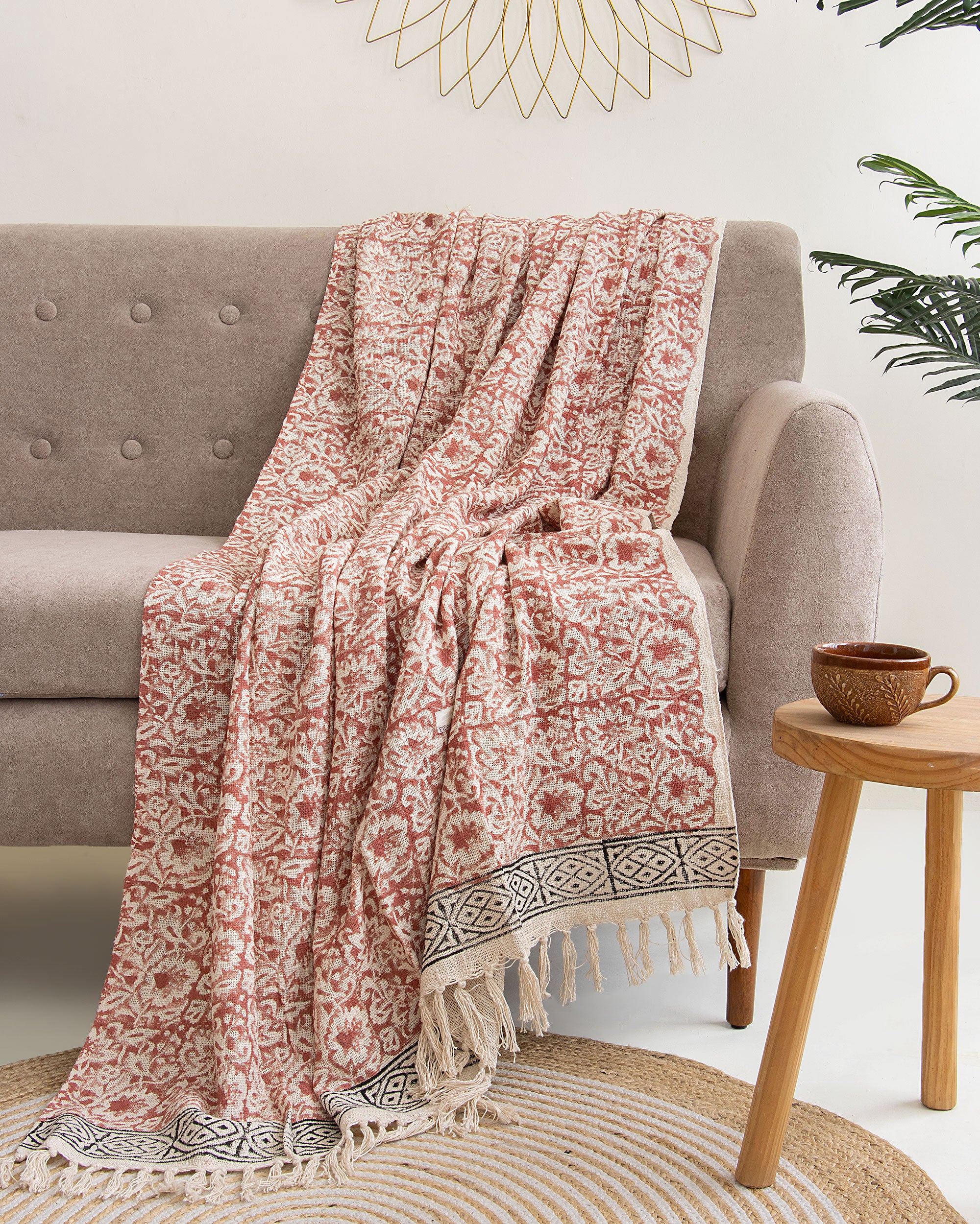 Christmas Red Floral Indian Hand Block Printed Soft Cotton Couch Throw Blankets