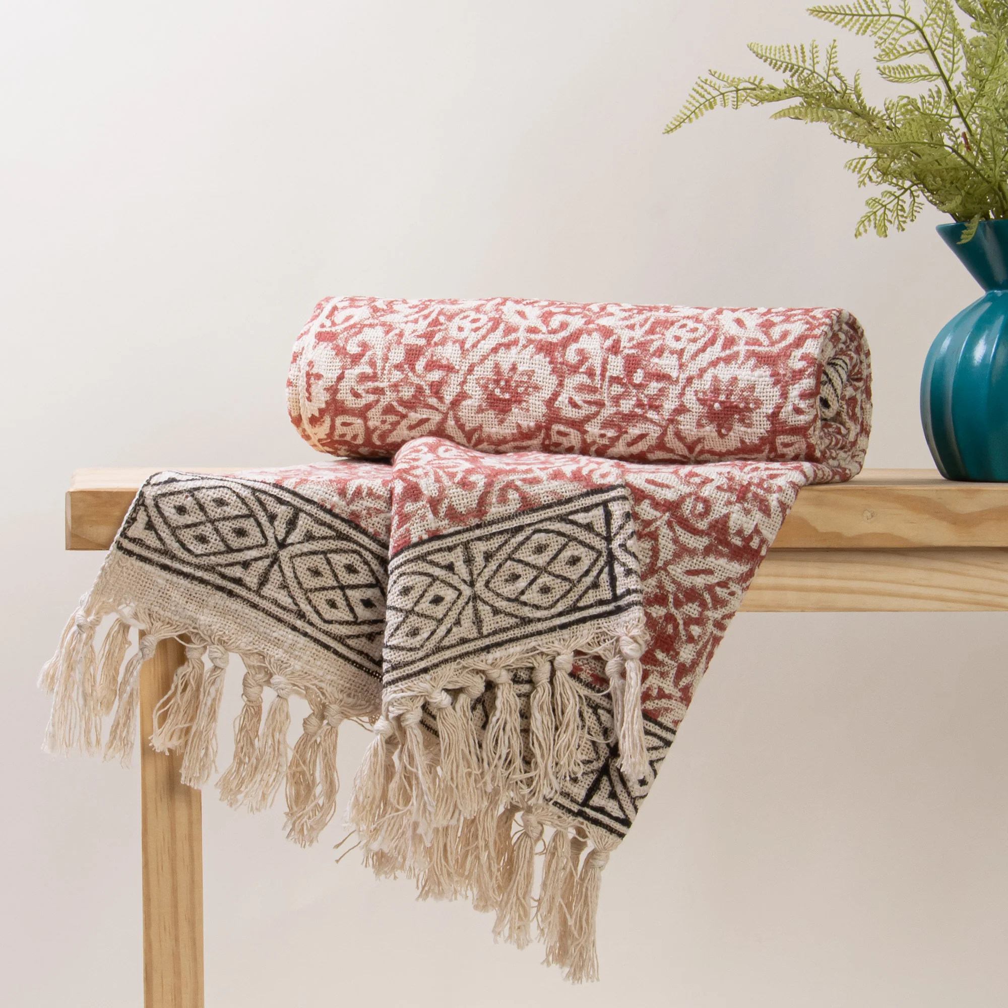 Christmas Red Floral Indian Hand Block Printed Soft Cotton Couch Throw Blankets - Image 2