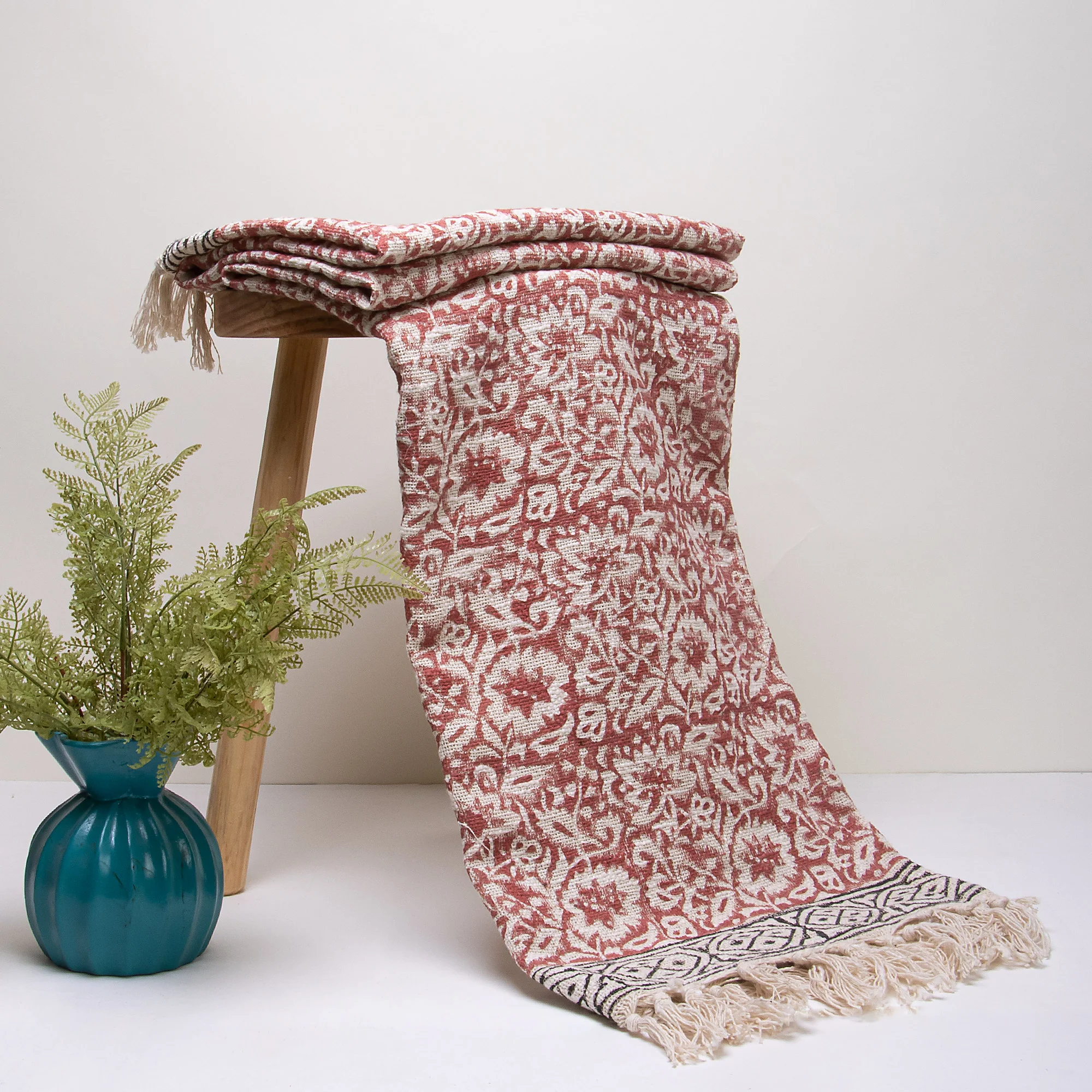 Christmas Red Floral Indian Hand Block Printed Soft Cotton Couch Throw Blankets - Image 4