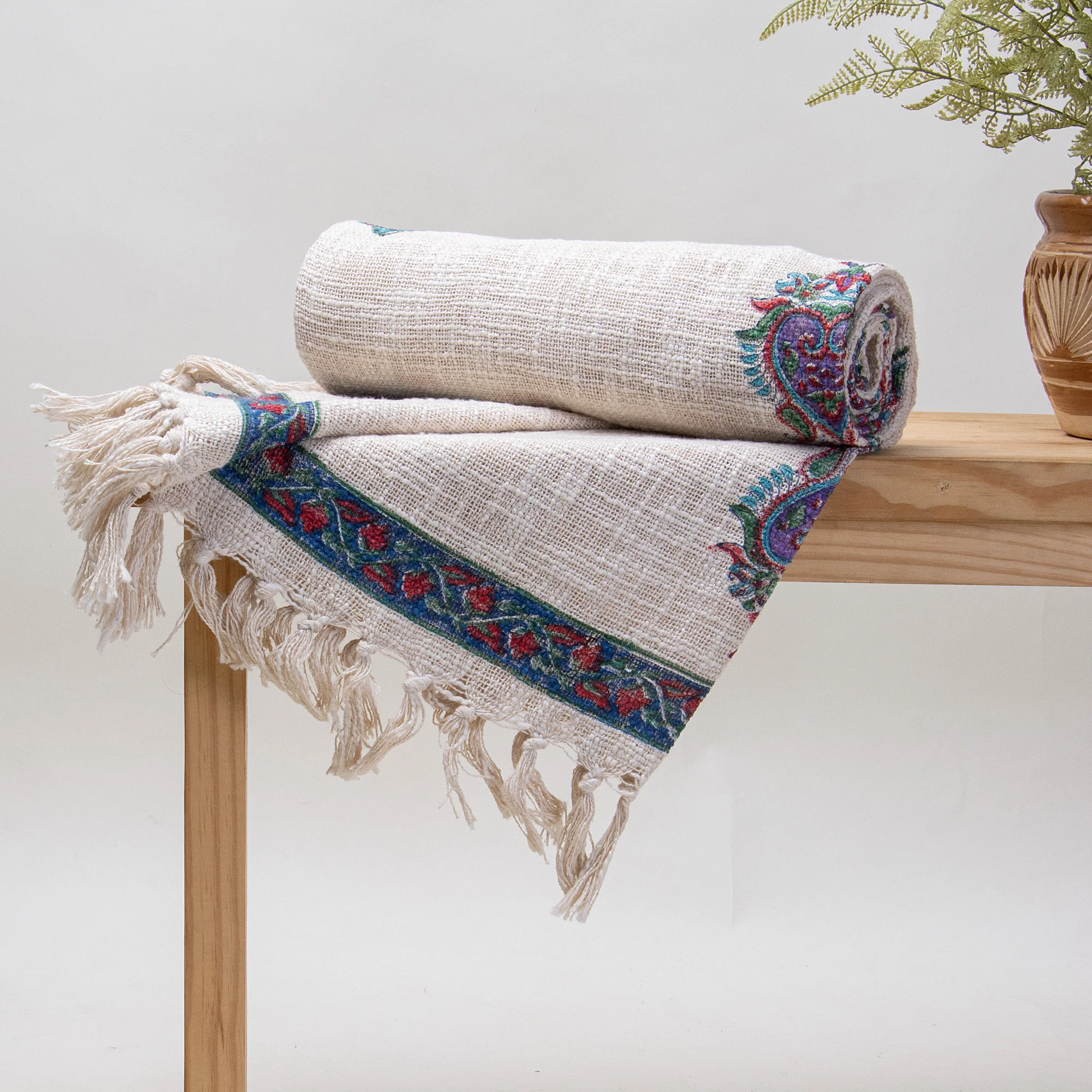 Modern Block Printed Handmade Blue Floral Cotton Throw Blankets for Sofa - Image 3