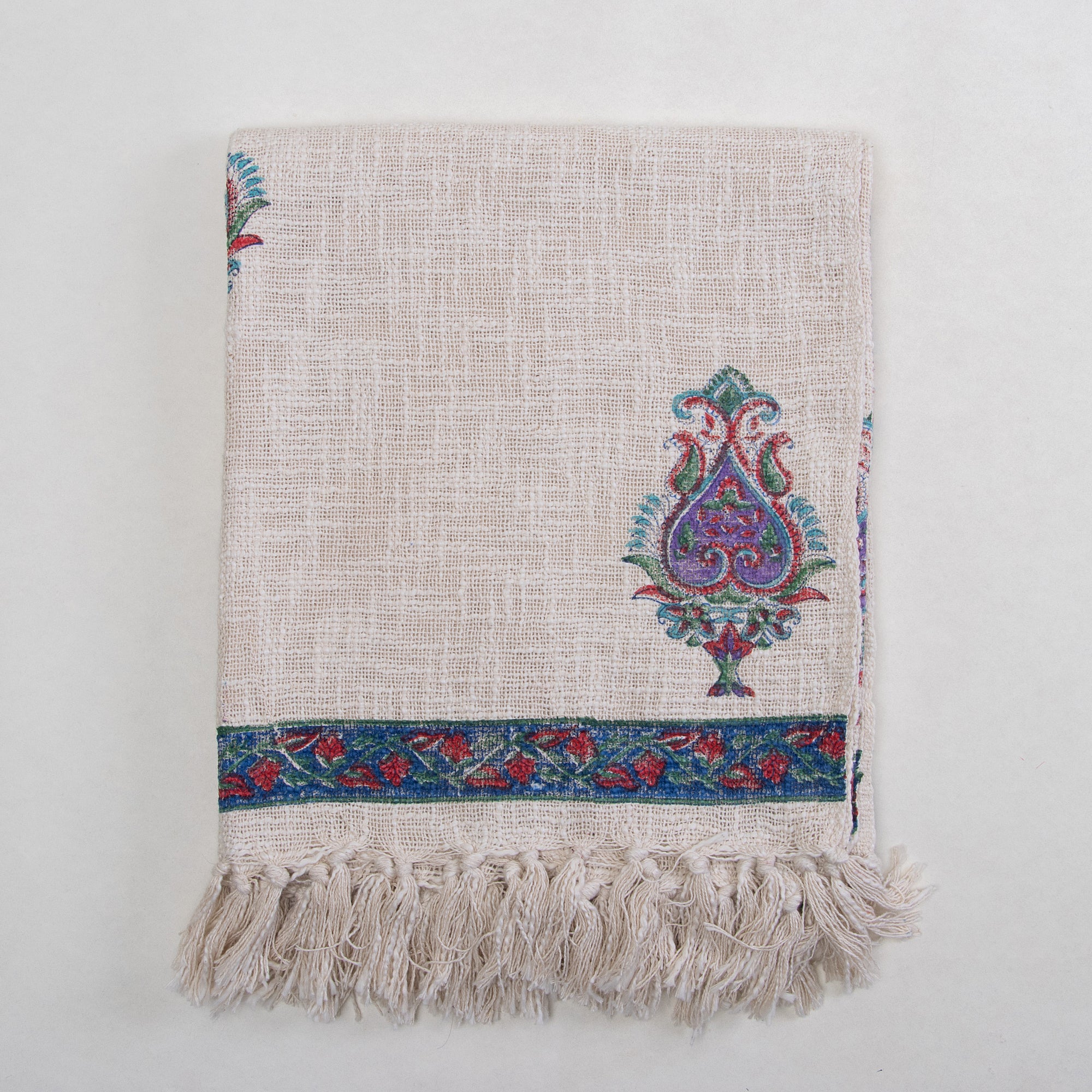 Modern Block Printed Handmade Blue Floral Cotton Throw Blankets for Sofa - Image 4