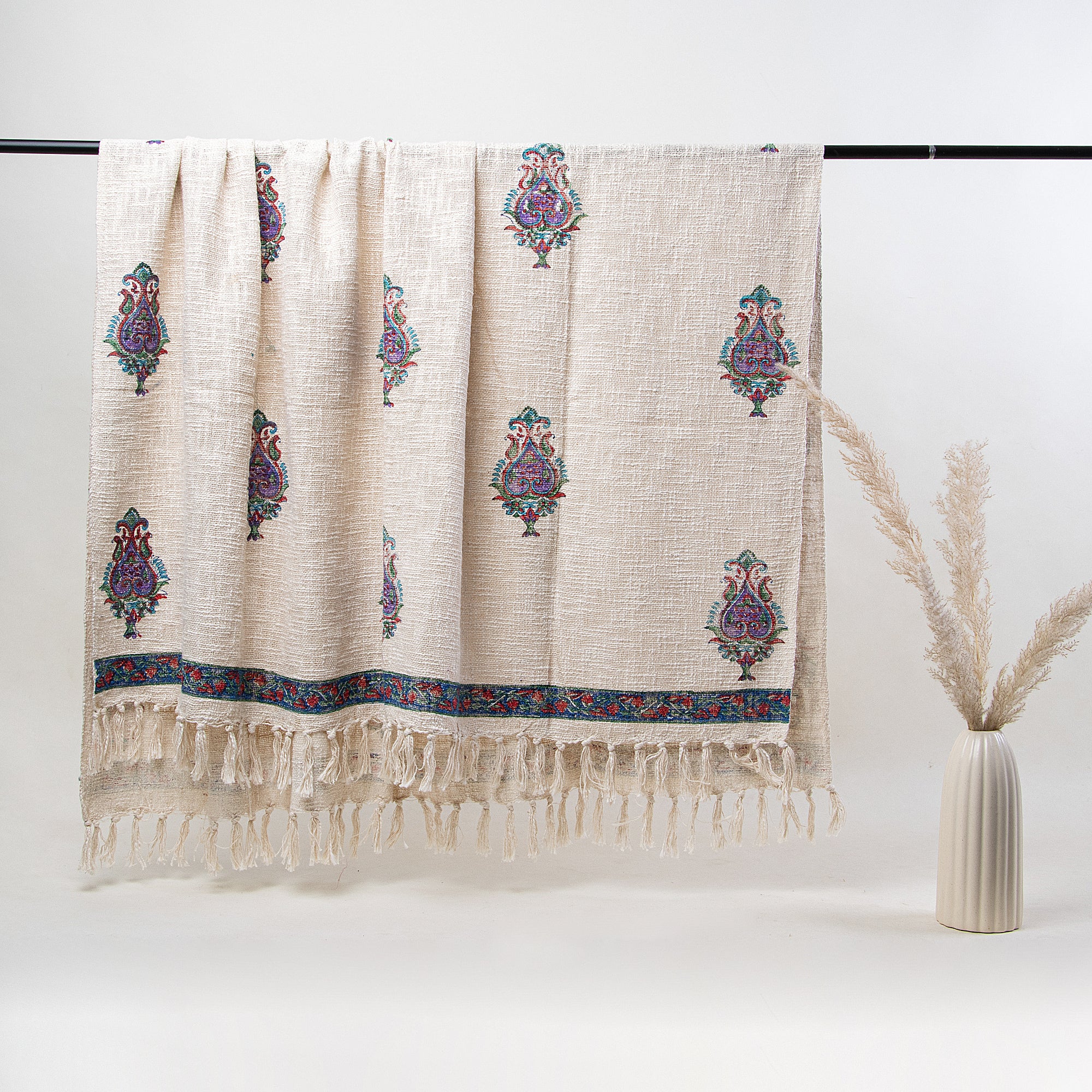 Modern Block Printed Handmade Blue Floral Cotton Throw Blankets for Sofa - Image 5