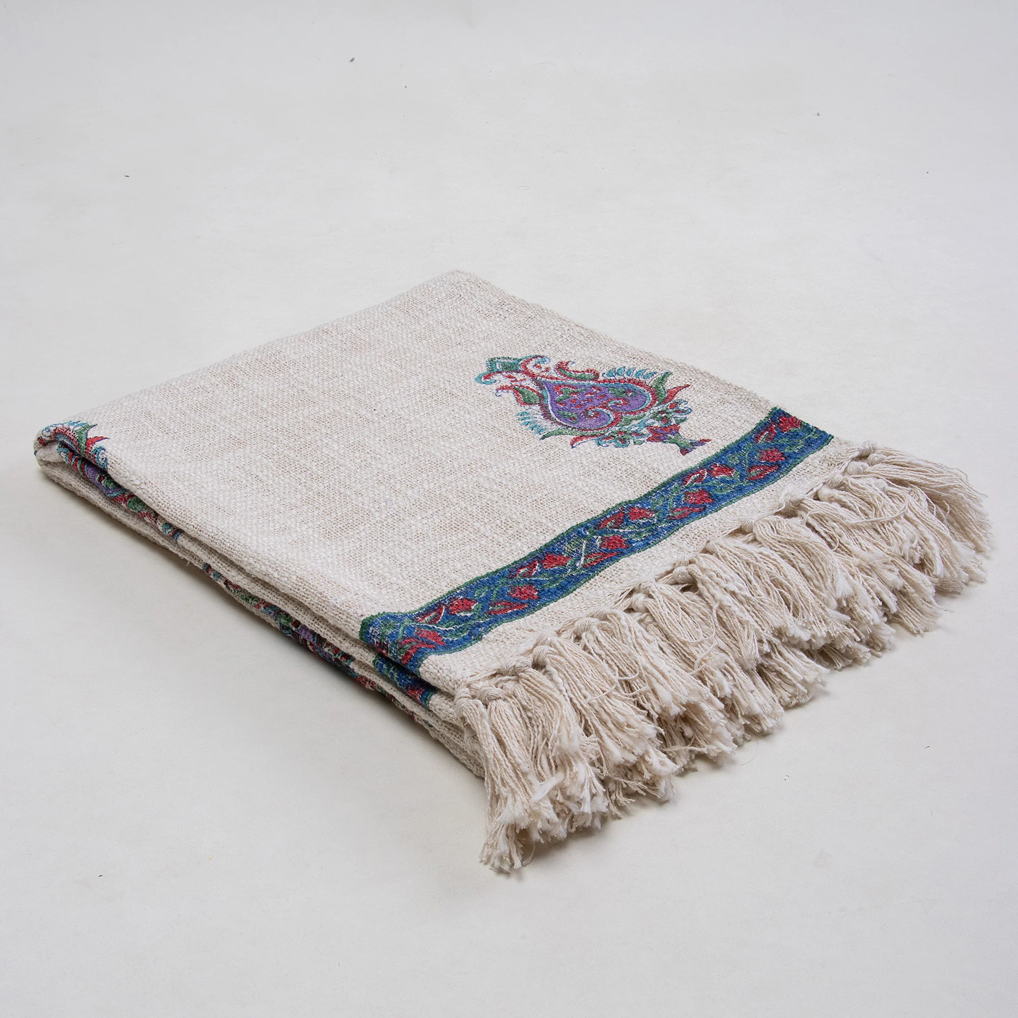 Modern Block Printed Handmade Blue Floral Cotton Throw Blankets for Sofa - Image 7