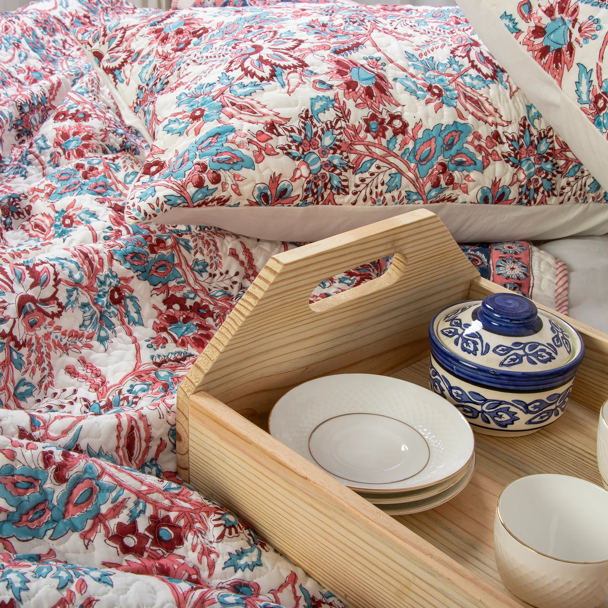 Red Floral Indian Hand Block Printed Machine Quilts - Image 3