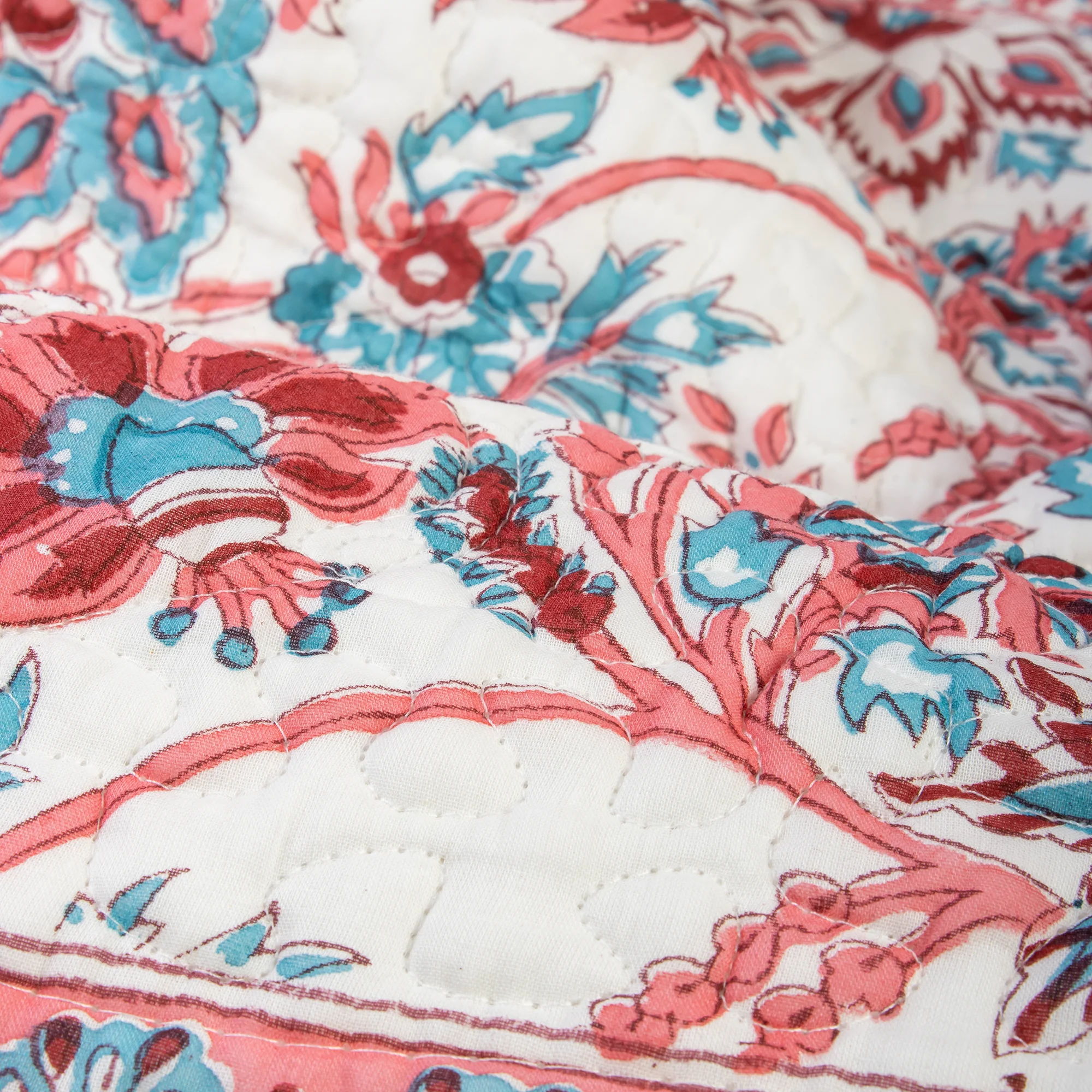 Red Floral Indian Hand Block Printed Machine Quilts - Image 4
