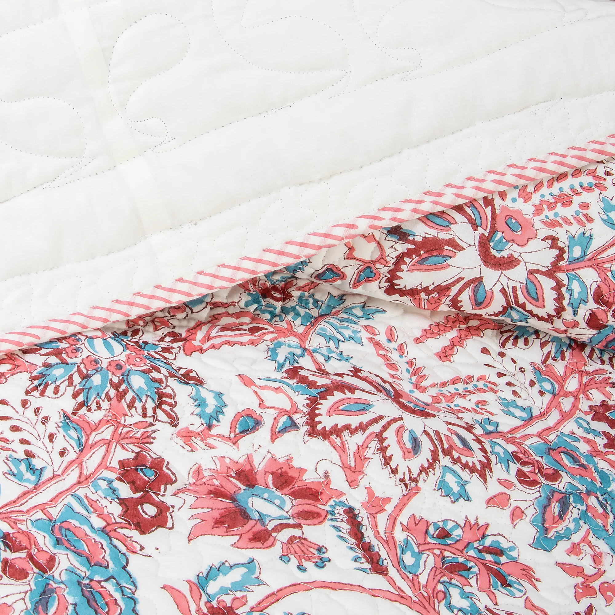 Red Floral Indian Hand Block Printed Machine Quilts - Image 6
