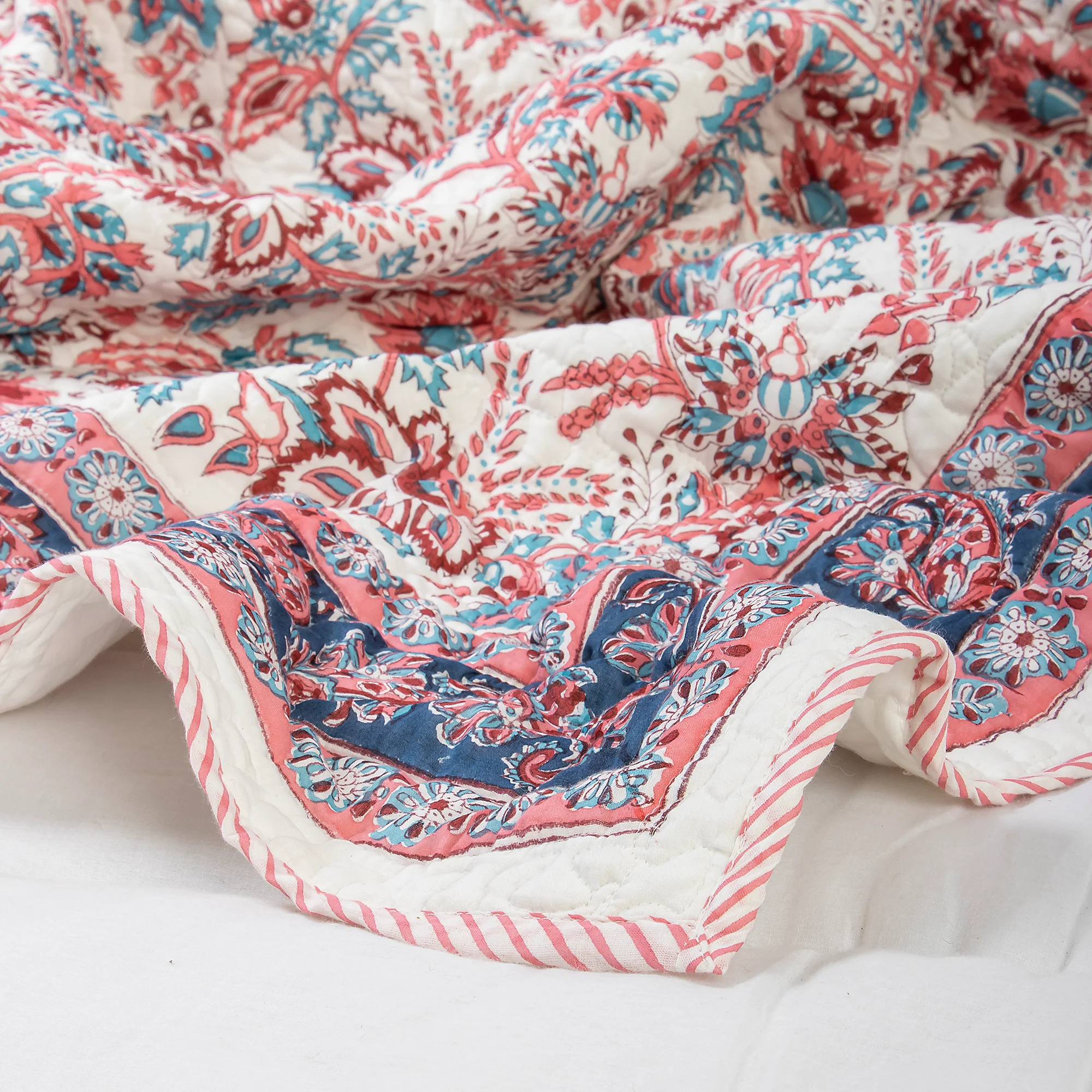 Red Floral Indian Hand Block Printed Machine Quilts - Image 7