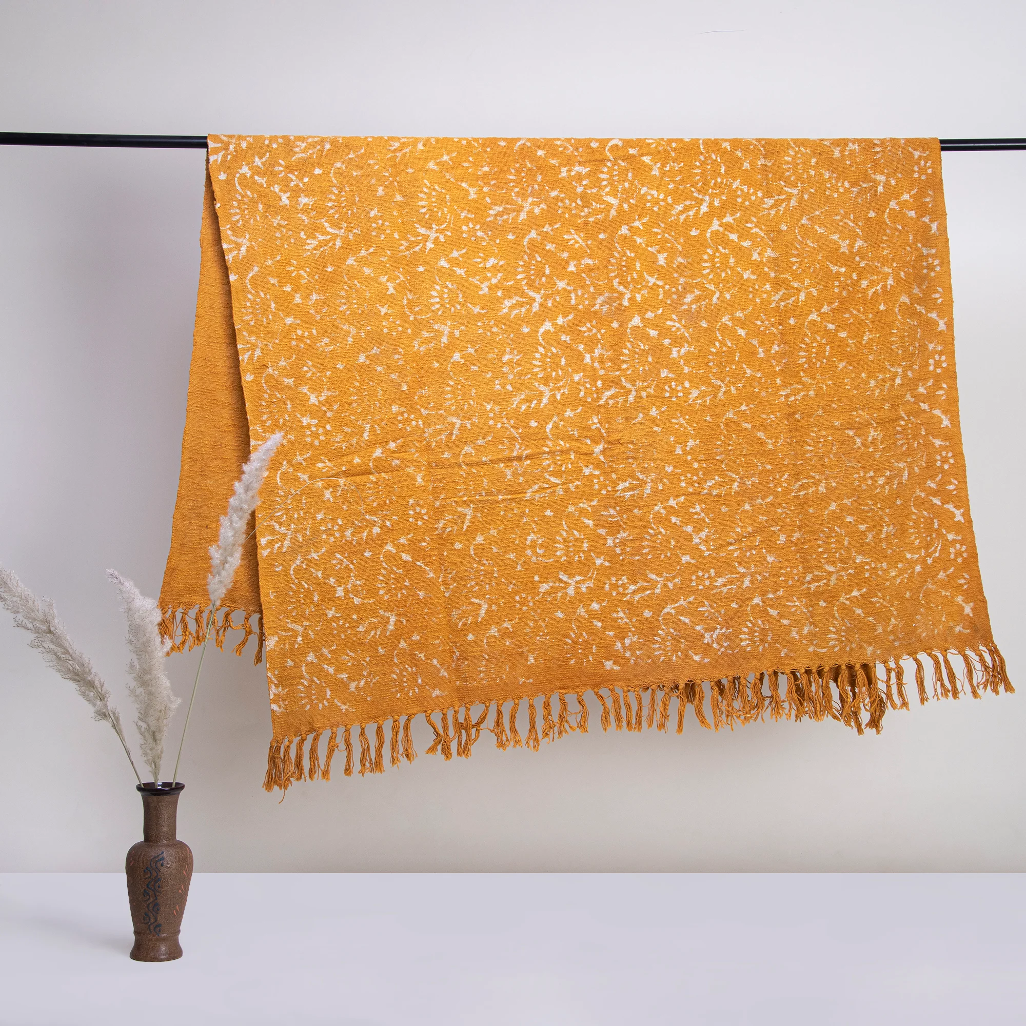 Floral Mustard Yellow Block Printed Handmade Cotton Travelling Throw Blankets - Image 4