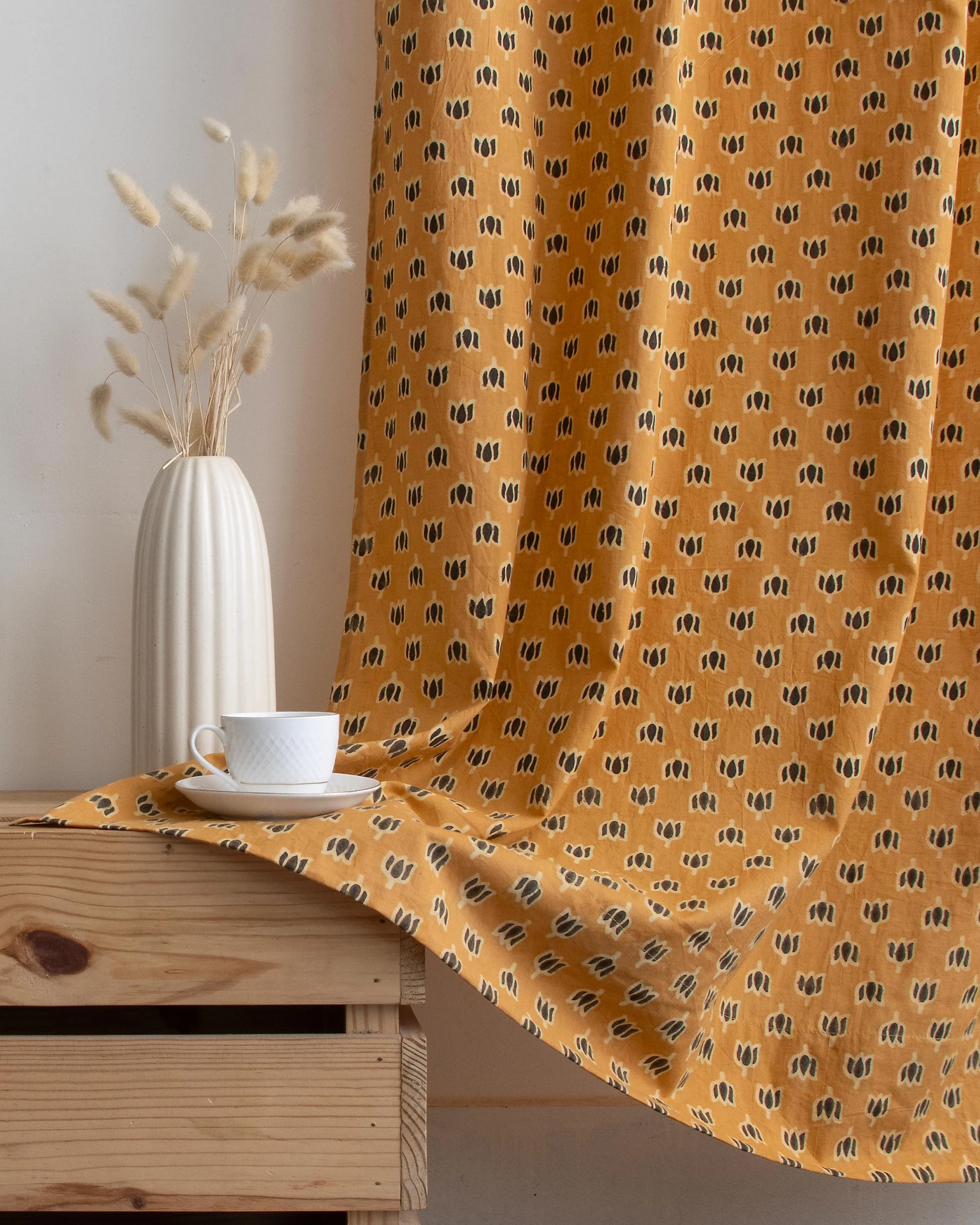Mustard Yellow Block Printed Organic Curtains for Door - Image 4