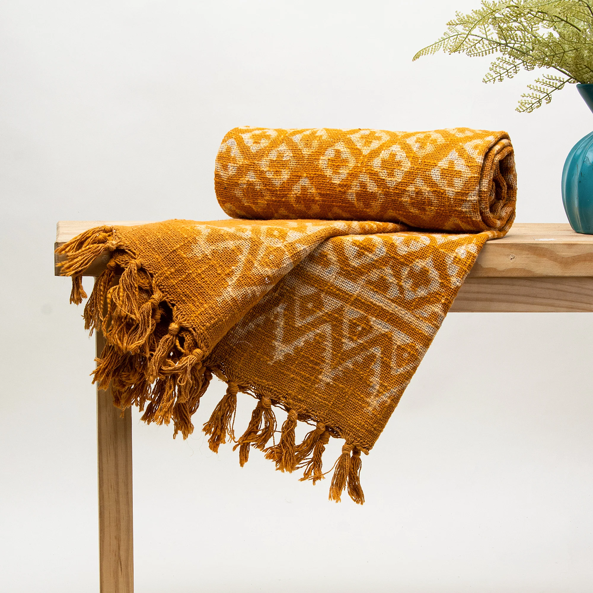 Mustard Yellow Block Printed Handmade Cotton Throw Blankets - Image 2