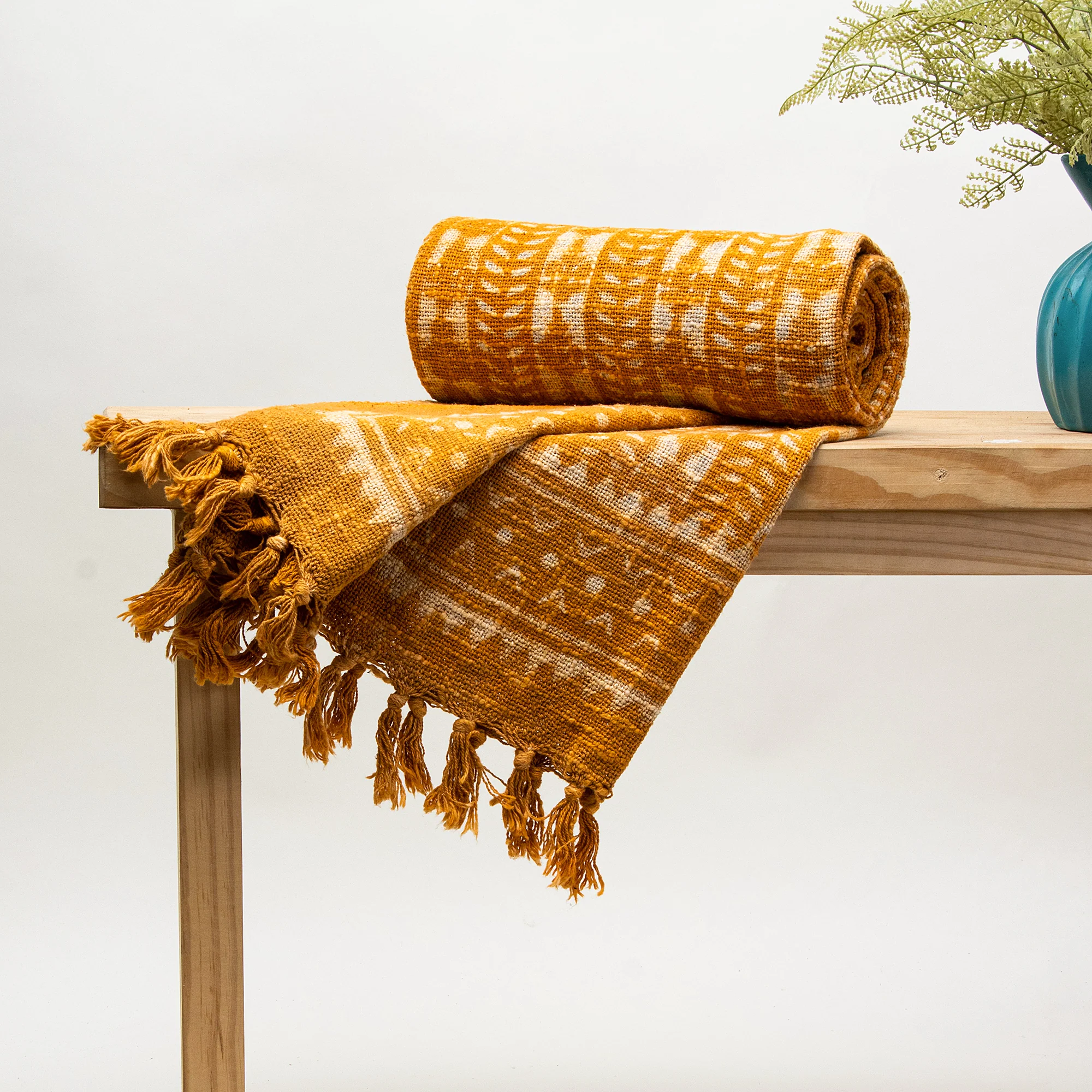 Floral Mustard Yellow Block Printed Handmade Cotton Super Soft Throw Blanket