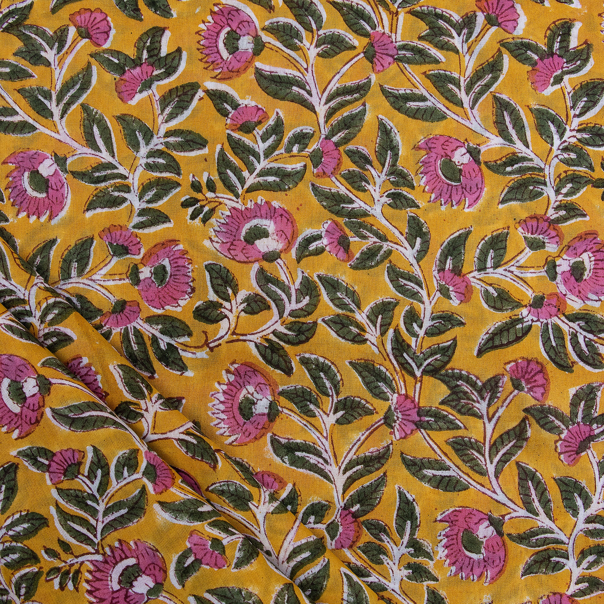 Hand Block Pure Cotton Indian Pink Floral Printed Fabric