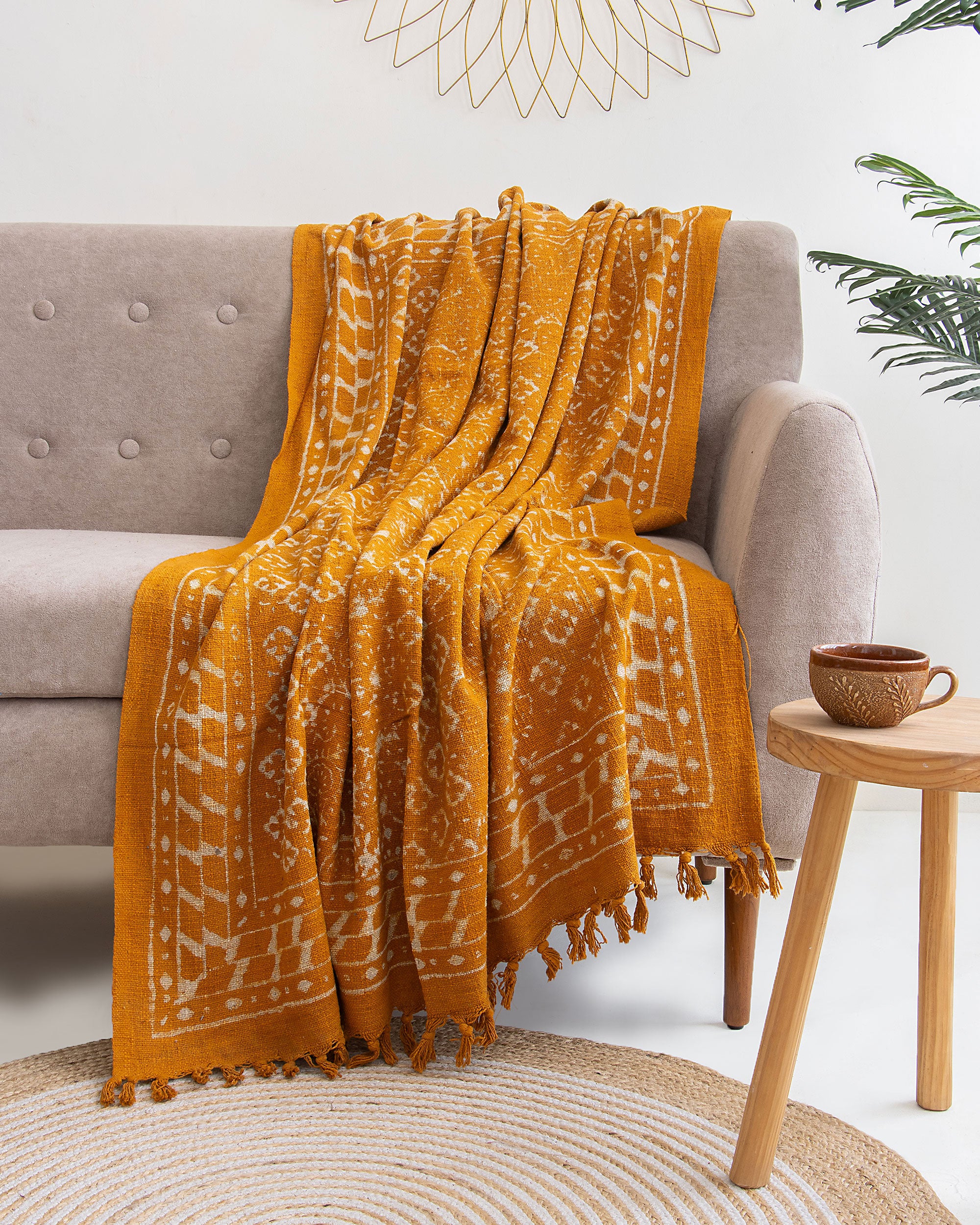 Mustard Yellow Block Printed Indian Pure Cotton Bedspread Throw