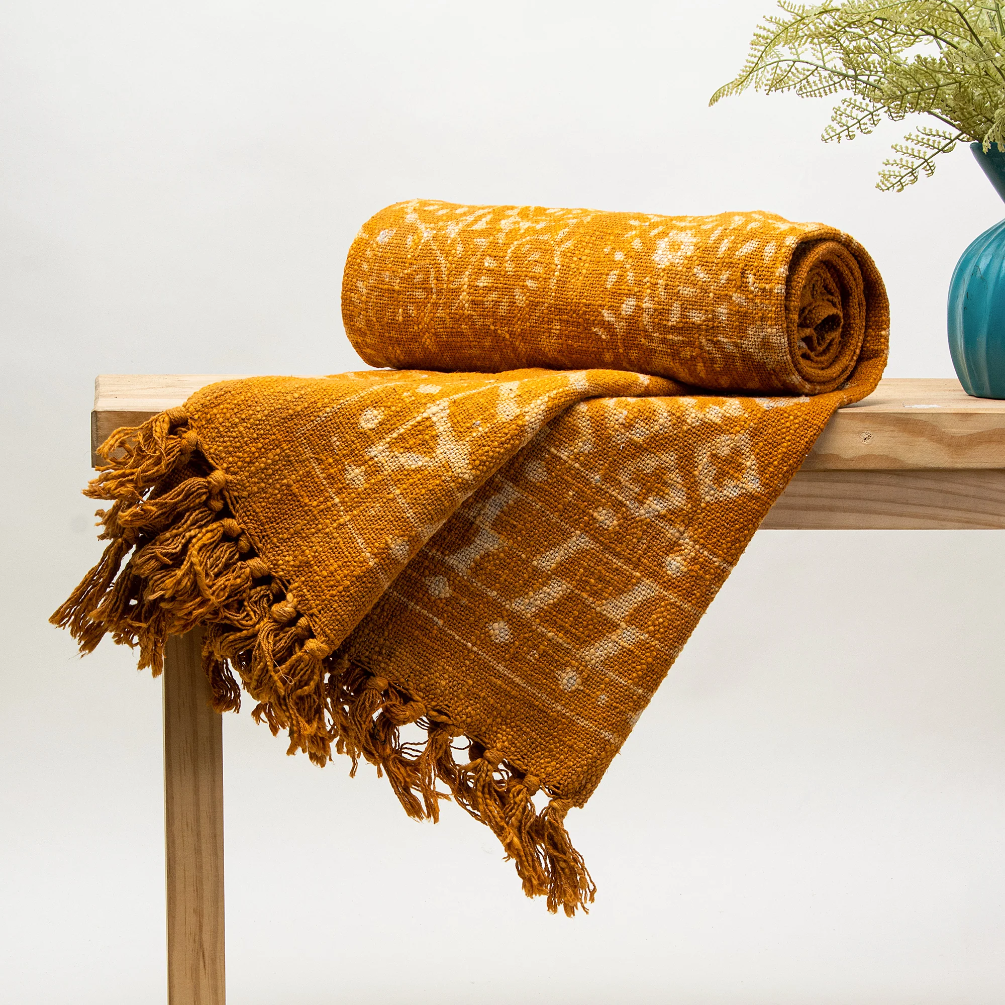 Mustard Yellow Block Printed Indian Pure Cotton Bedspread Throw - Image 2