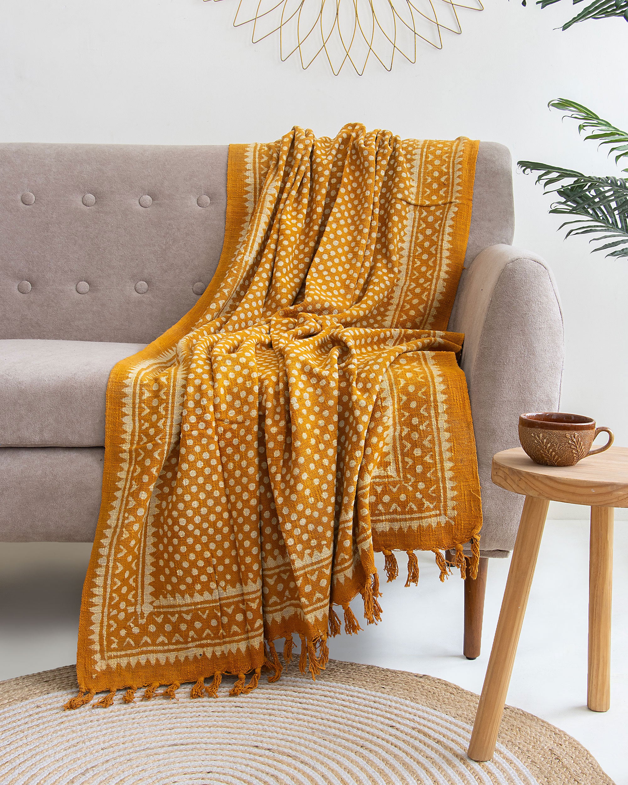 Mustard Yellow Indian Hand Block Printed Polka Dots Cotton Throw Blankets
