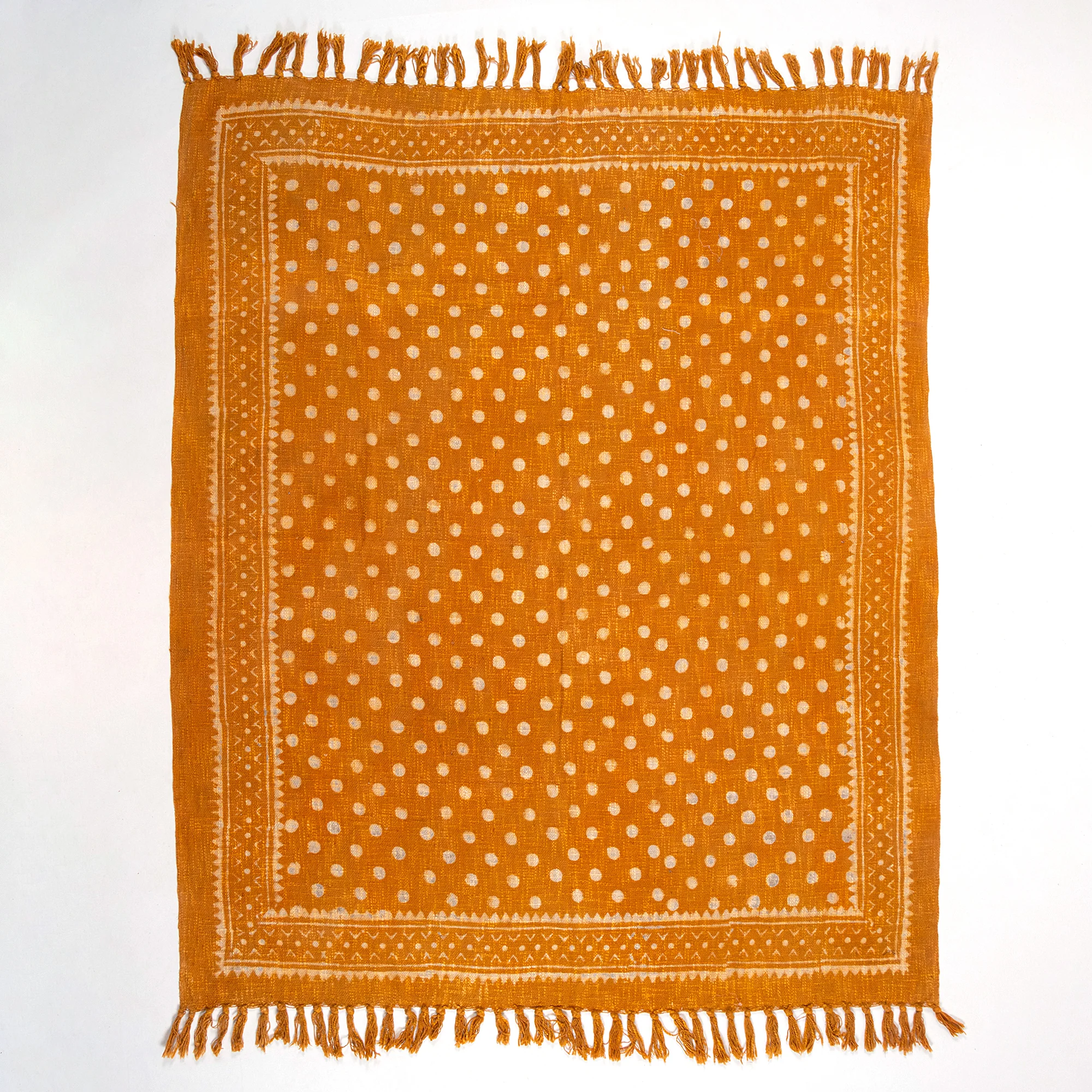 Mustard Yellow Indian Hand Block Printed Polka Dots Cotton Throw Blankets - Image 6