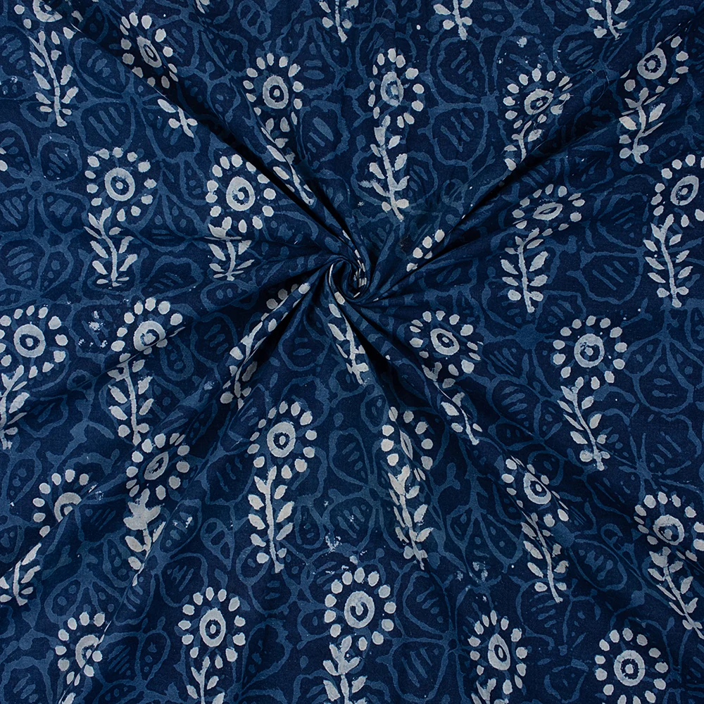 Natural Hand Dyed Indian Floral Printed Indigo Blue Fabric for Dress - Image 3