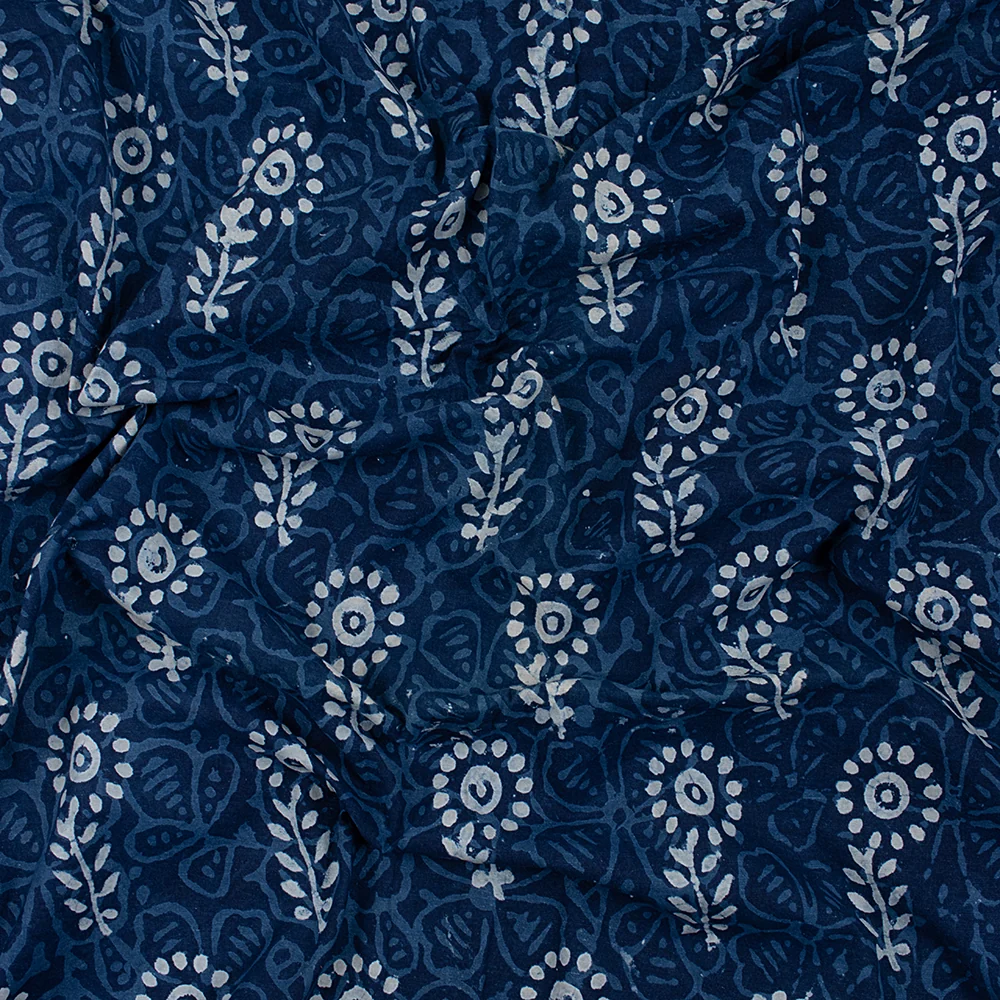 Natural Hand Dyed Indian Floral Printed Indigo Blue Fabric for Dress - Image 4