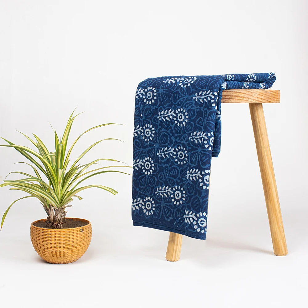 Natural Hand Dyed Indian Floral Printed Indigo Blue Fabric for Dress - Image 5