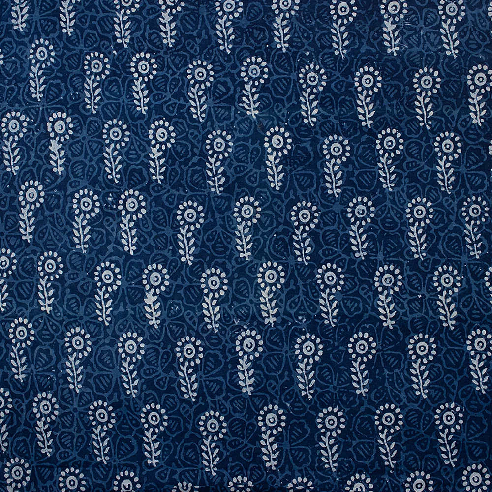 Natural Hand Dyed Indian Floral Printed Indigo Blue Fabric for Dress - Image 6